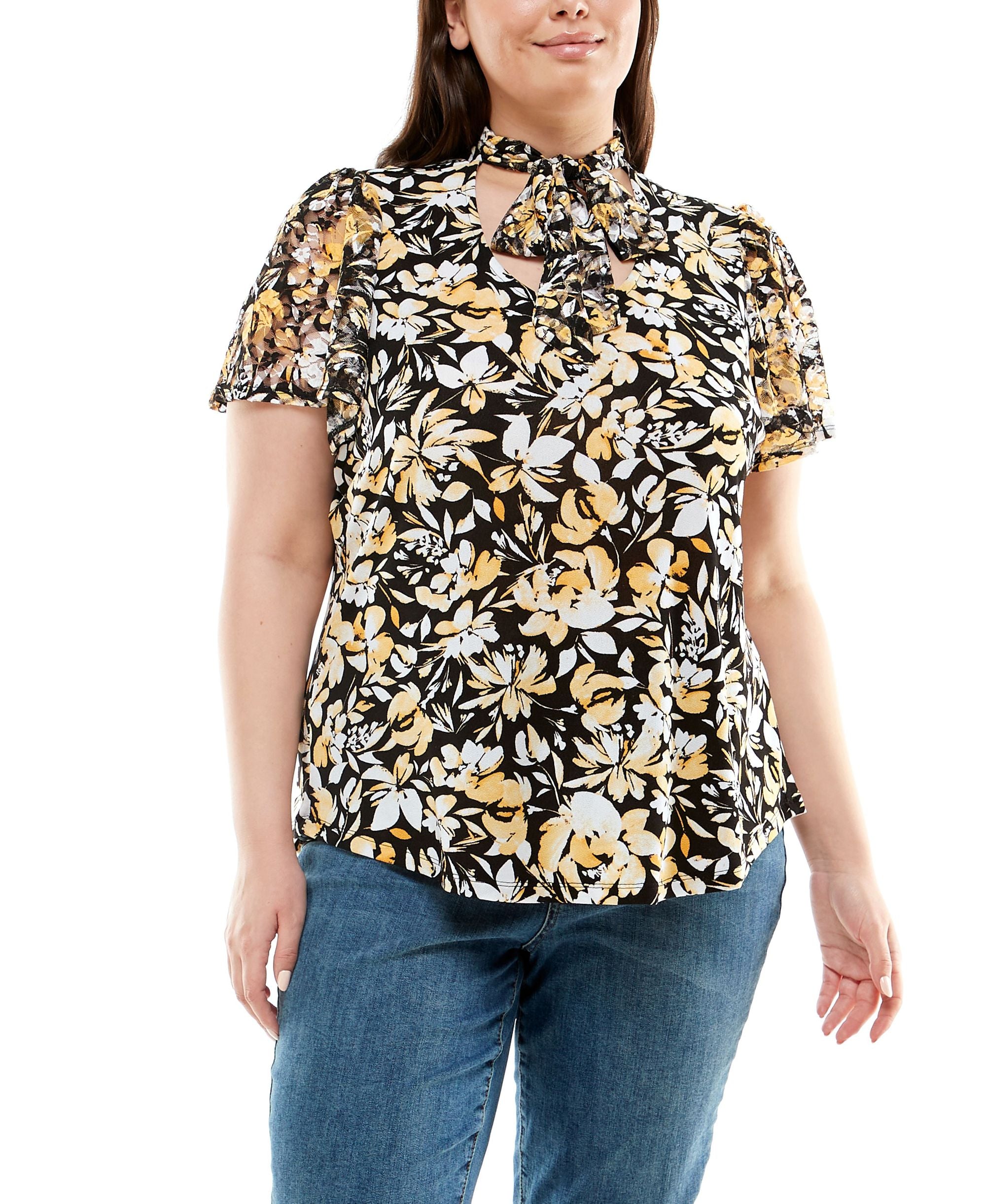 Plus Size Lace Flutter Sleeve With Lace Bow Tie Top