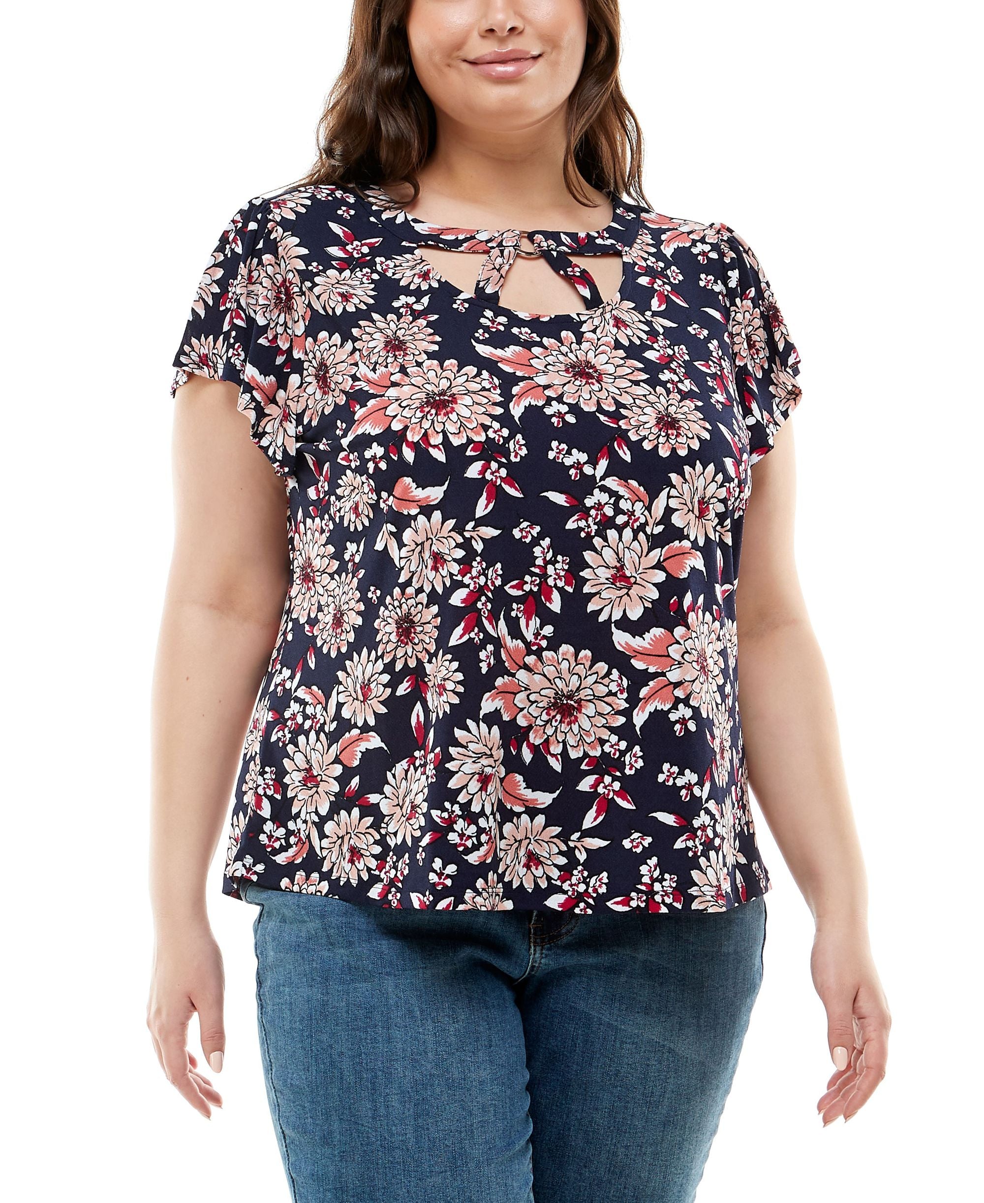 Plus Size Flutter Sleeve With Neck Bands Top