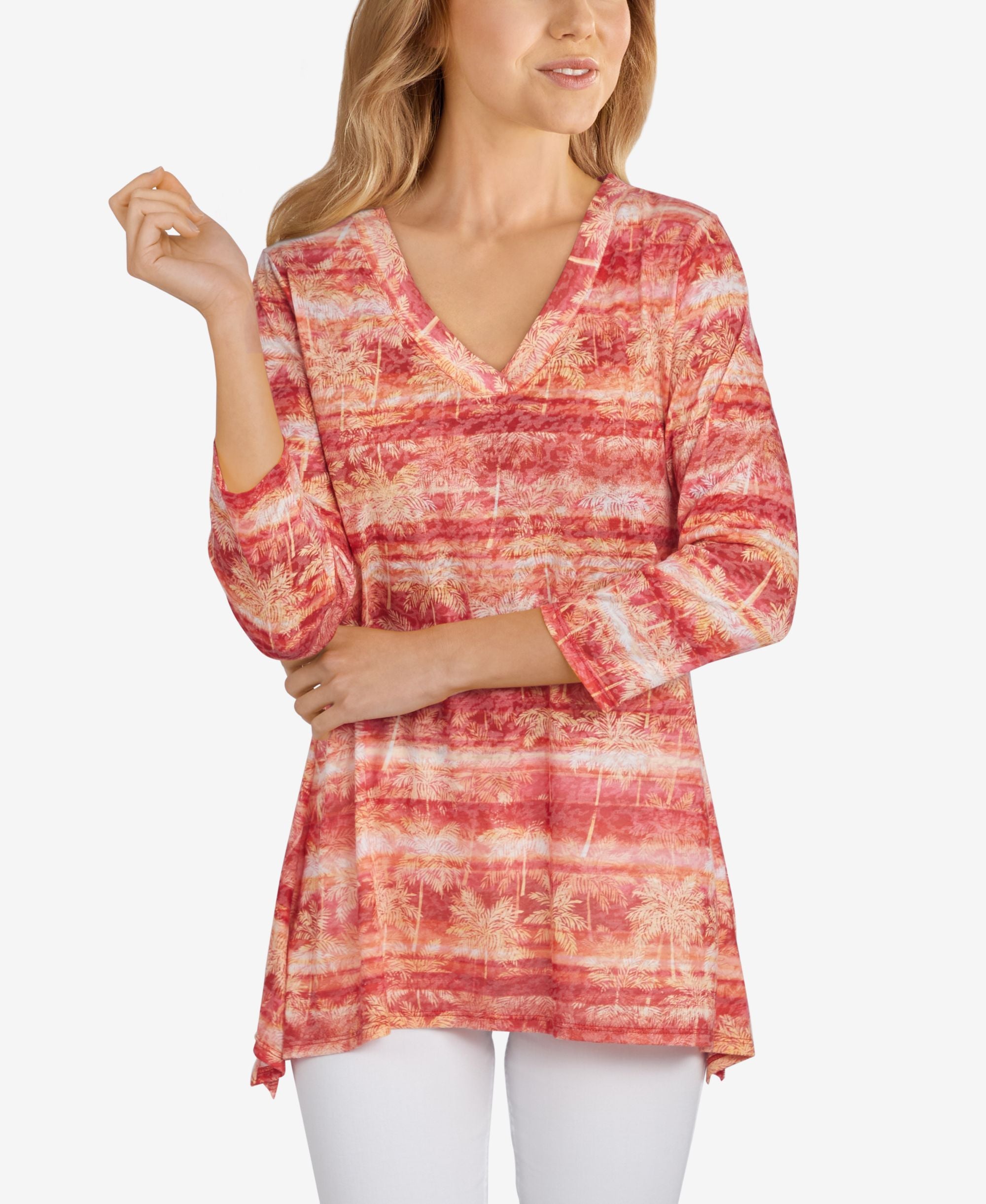 Ruby Rd. Petite Size Embellished Tropical Stripe Burnout Top