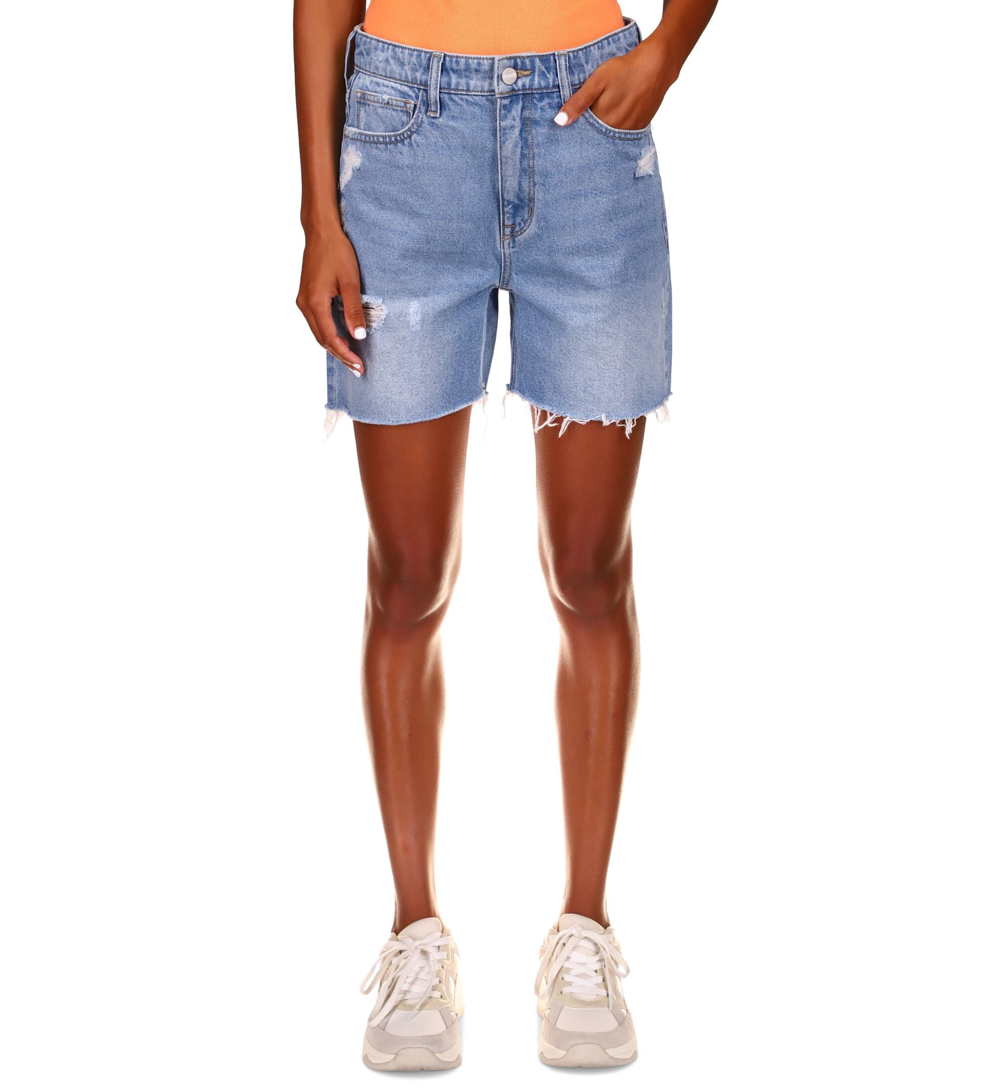 Destructed Cut-hem Denim Shorts In Fade
