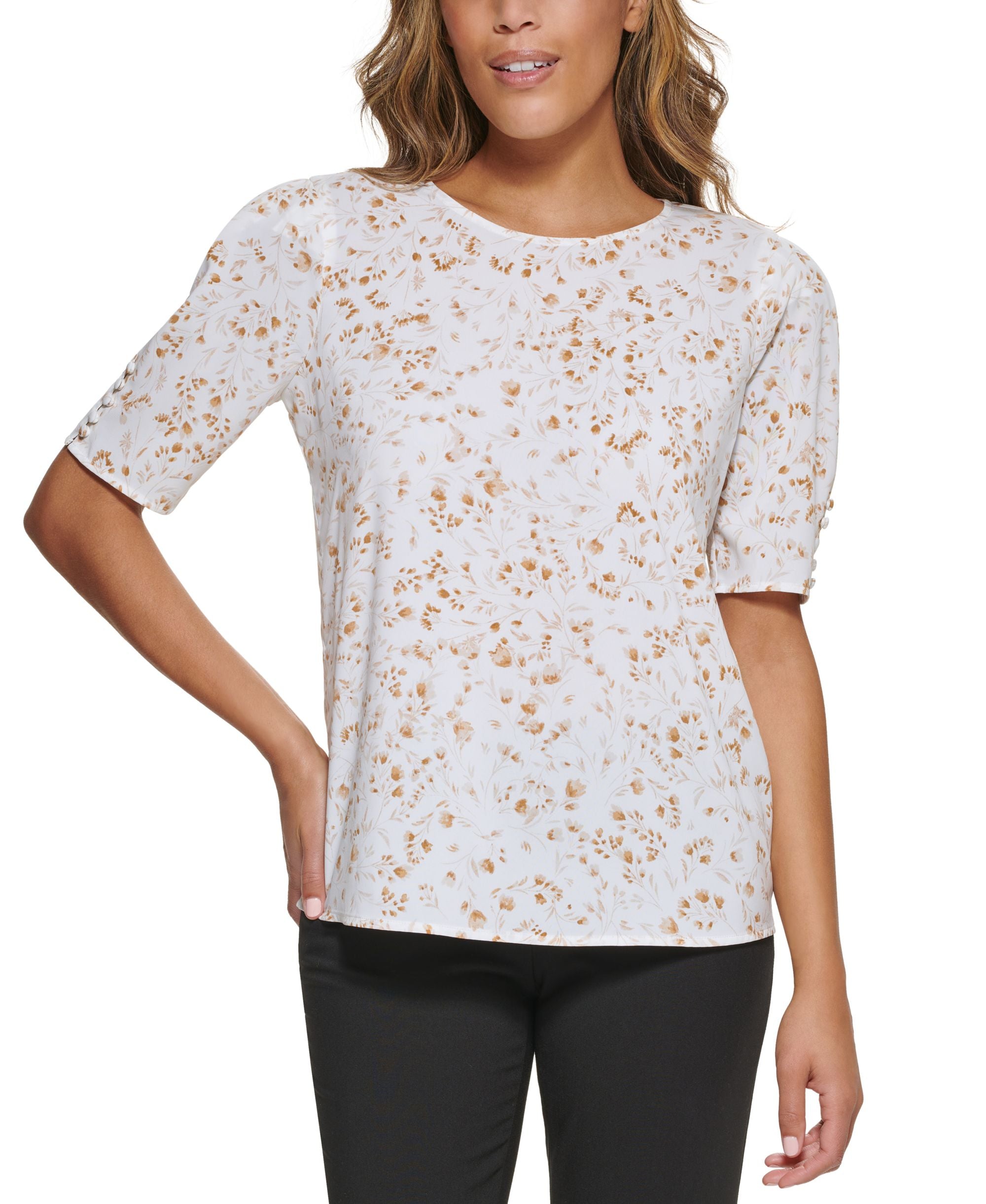Calvin Klein Petite Floral Print Button Trim Top
