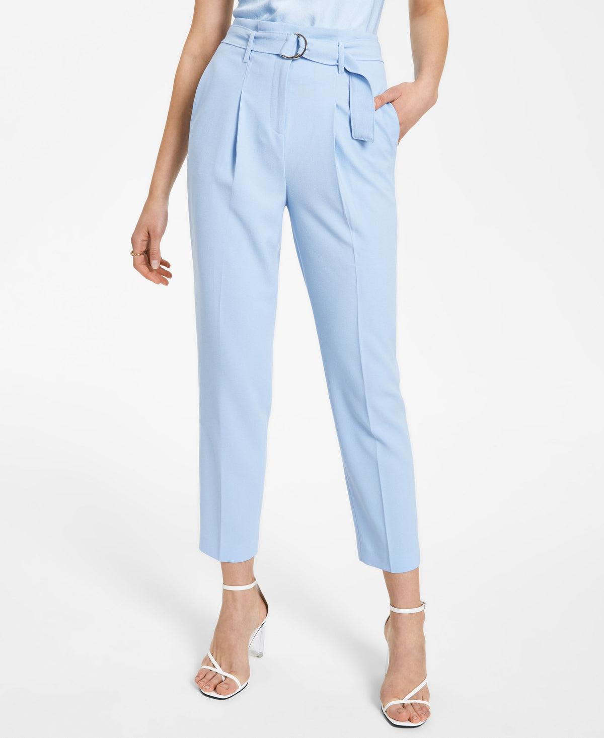 Bar III Textured Crepe Paper Bag Straight Leg Ankle Pants
