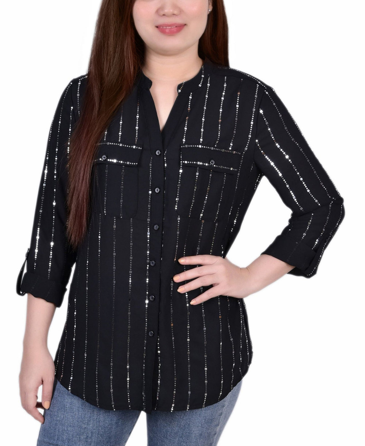 Petite Size 3/4 Sleeve Roll Tab Blouse With Metallic Details Top