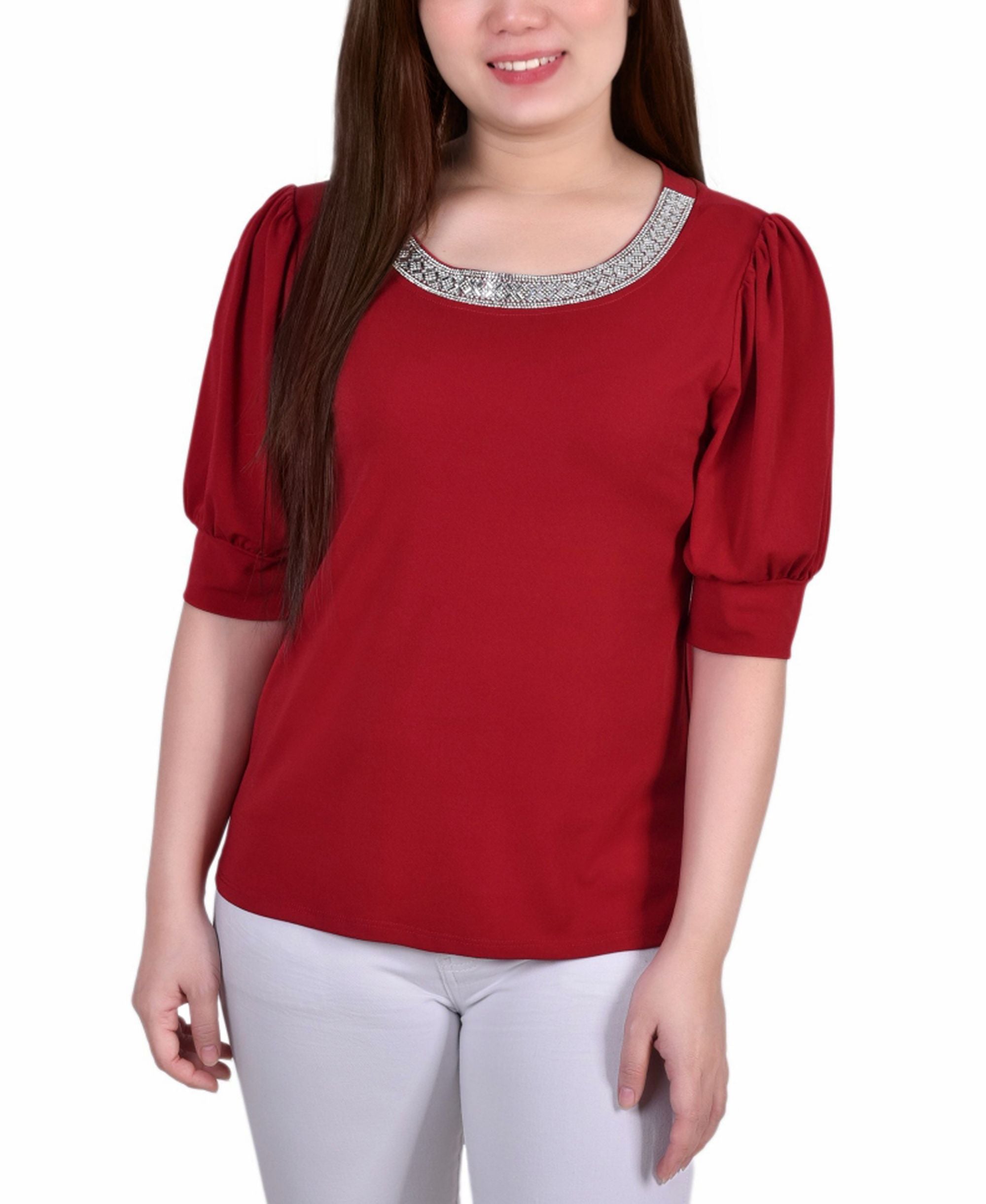 Petite Size Short Beaded Puff Sleeve Top