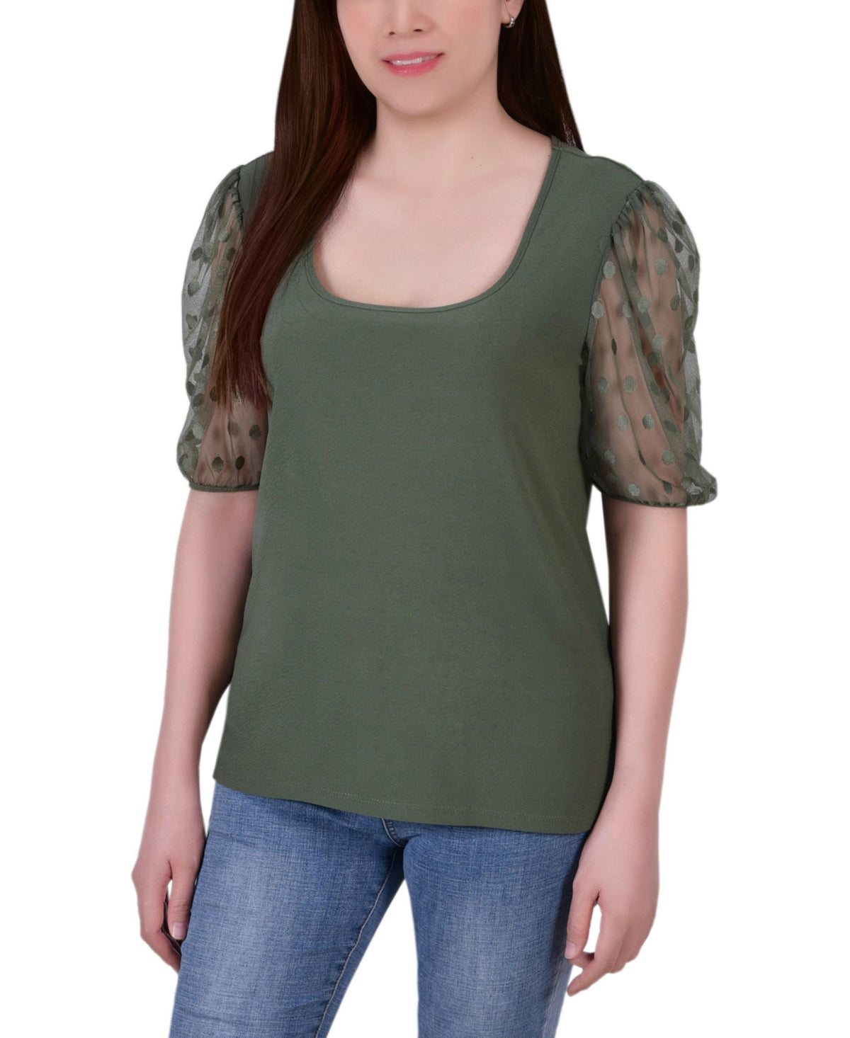 NY Collection Petite Mesh Dot Elbow Sleeve Crepe Top