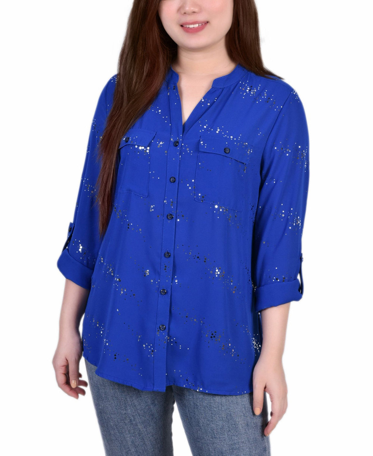 Petite Size 3/4 Sleeve Roll Tab Blouse With Metallic Details Top