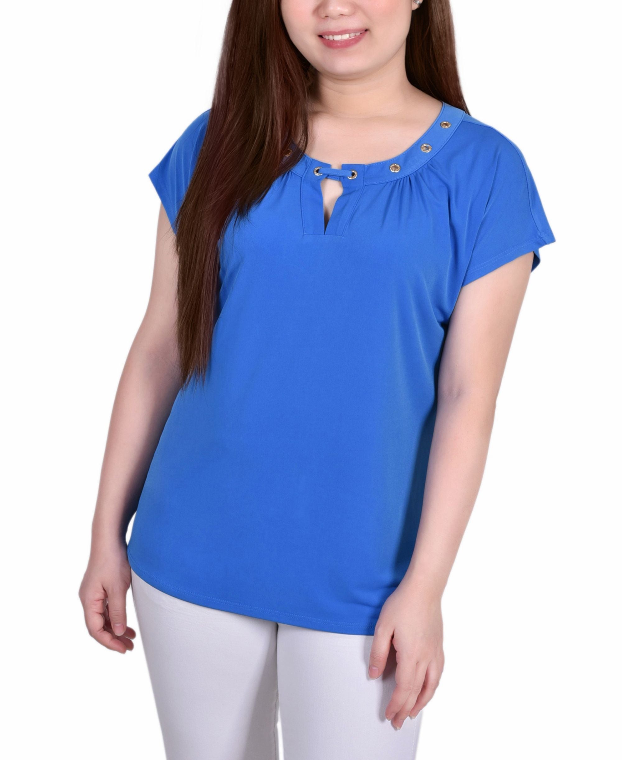 Petite Size Short Sleeve Grommet Top with Keyhole