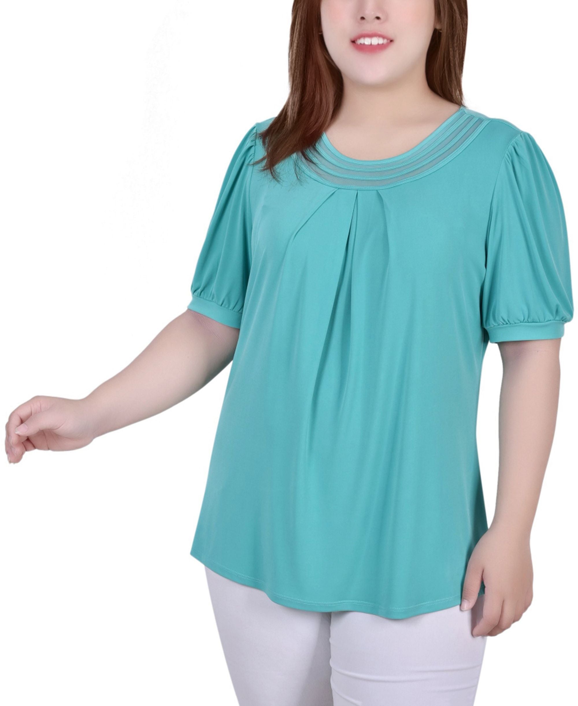 Plus Size Short Puff Sleeve Sheer Inset Top