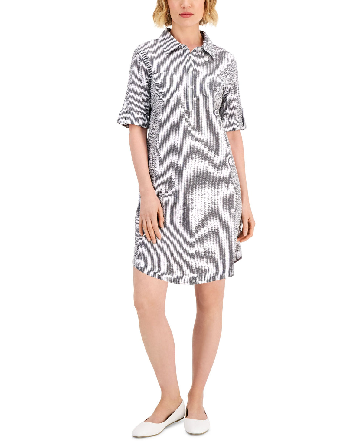 Karen Scott Petite Seersucker Shirtdress