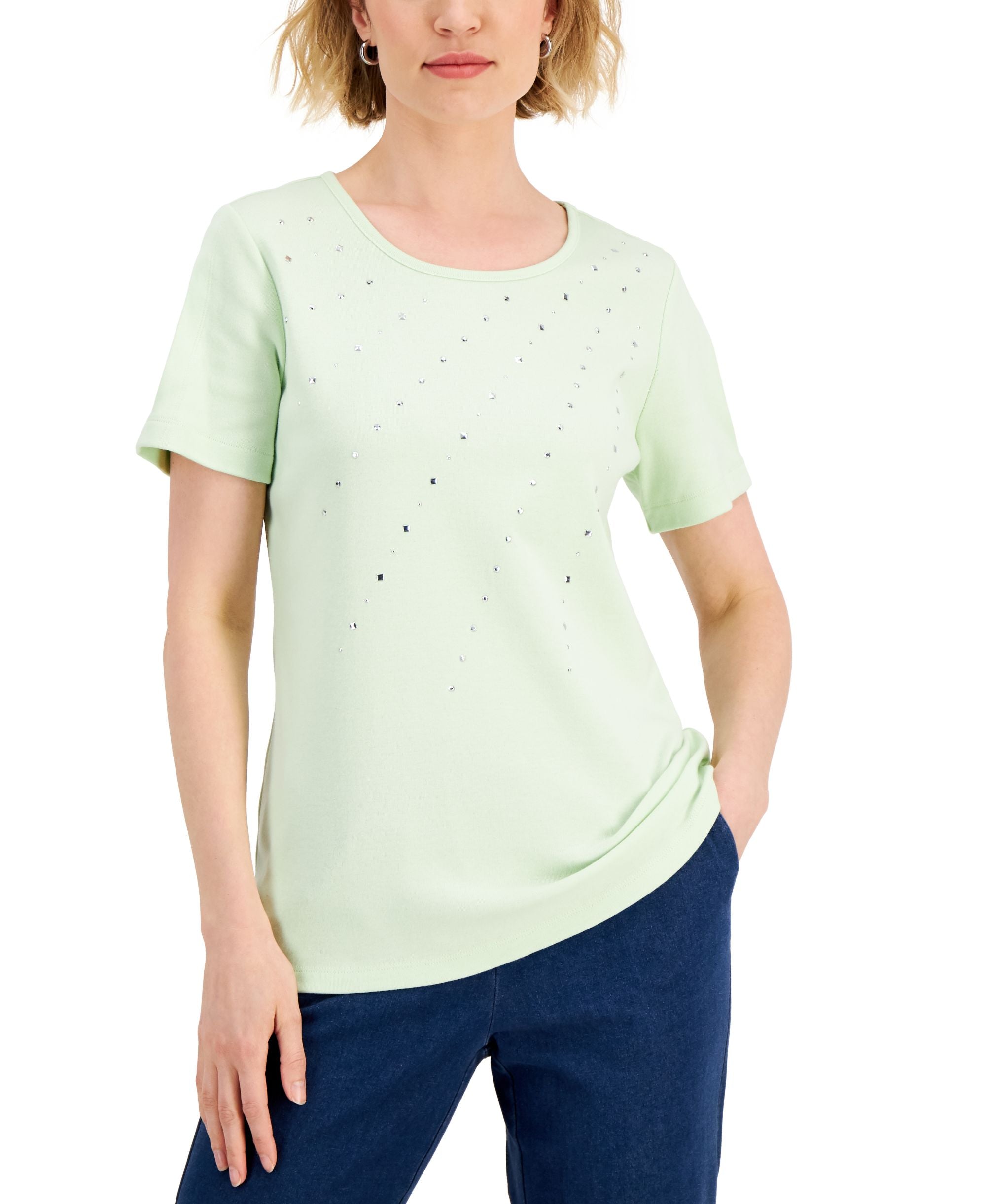 Karen Scott Womens Cotton Embellished Top