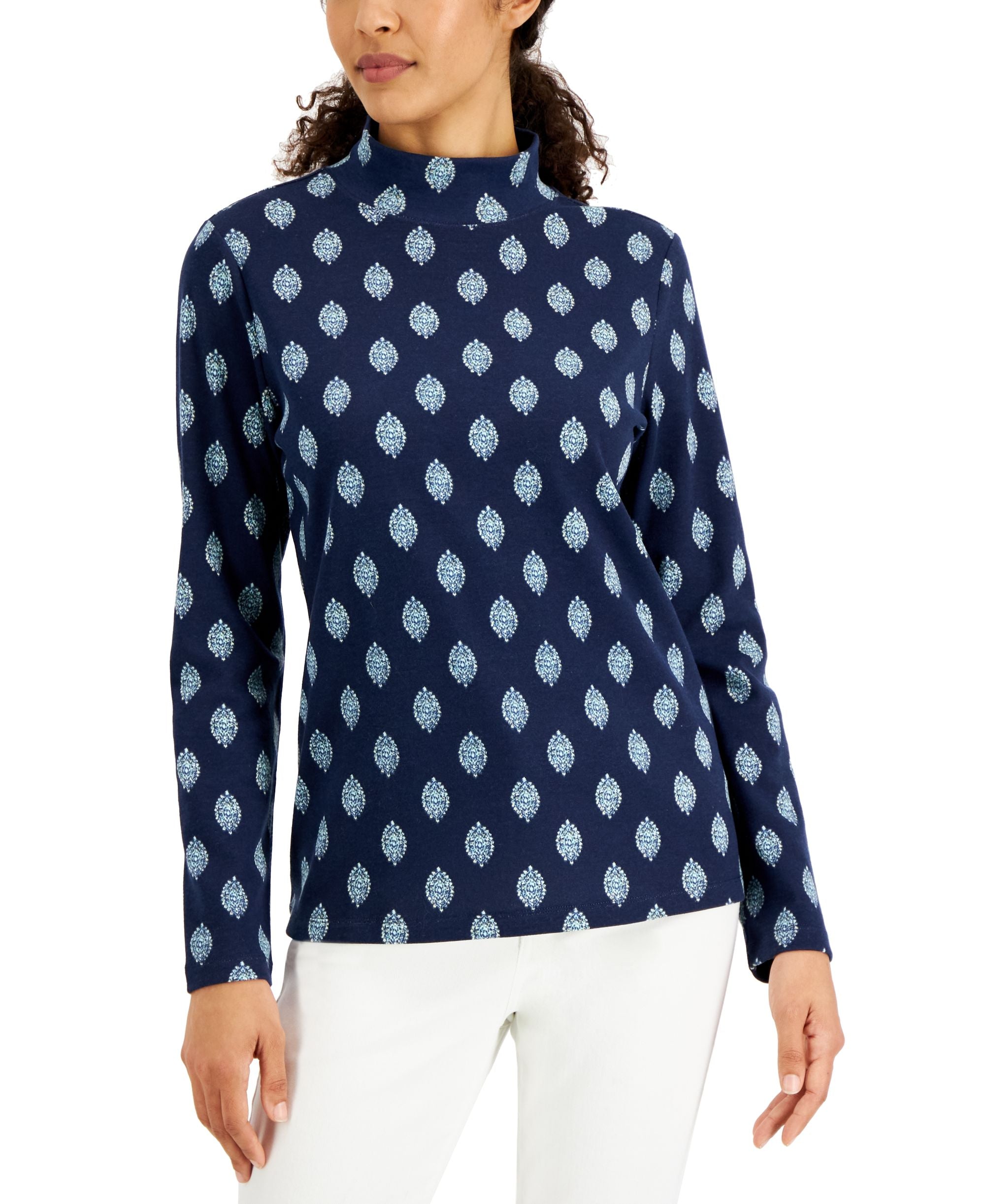 Karen Scott Womens Ikat Foulard Printed Mock Neck Top