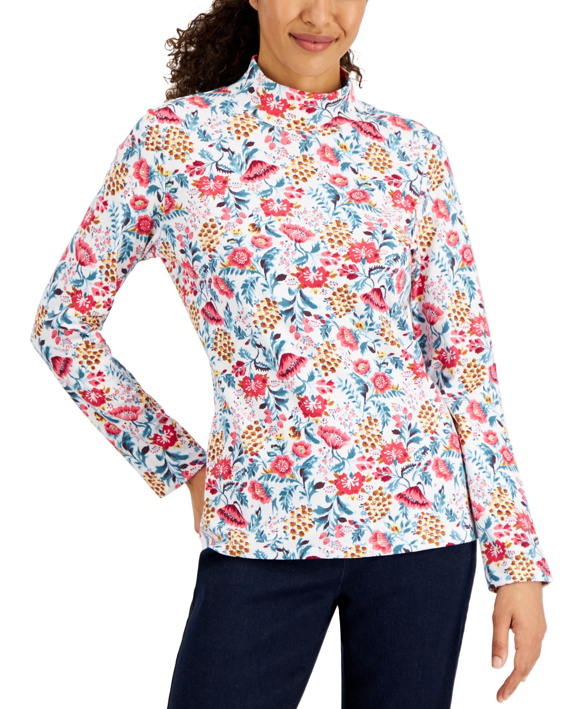 Karen Scott Womens Janelle Printed Mock Neck Top