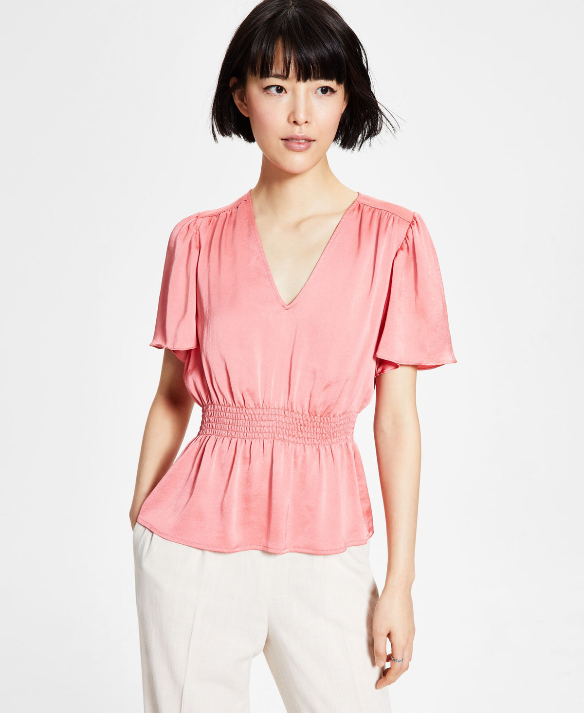 Bar III Womens V Neck Flutter Sleeve Top
