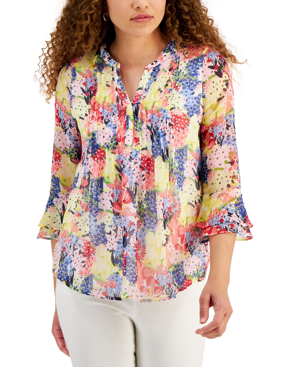 Charter Club Petite Floral Print Flutter Sleeve Pintuck Top