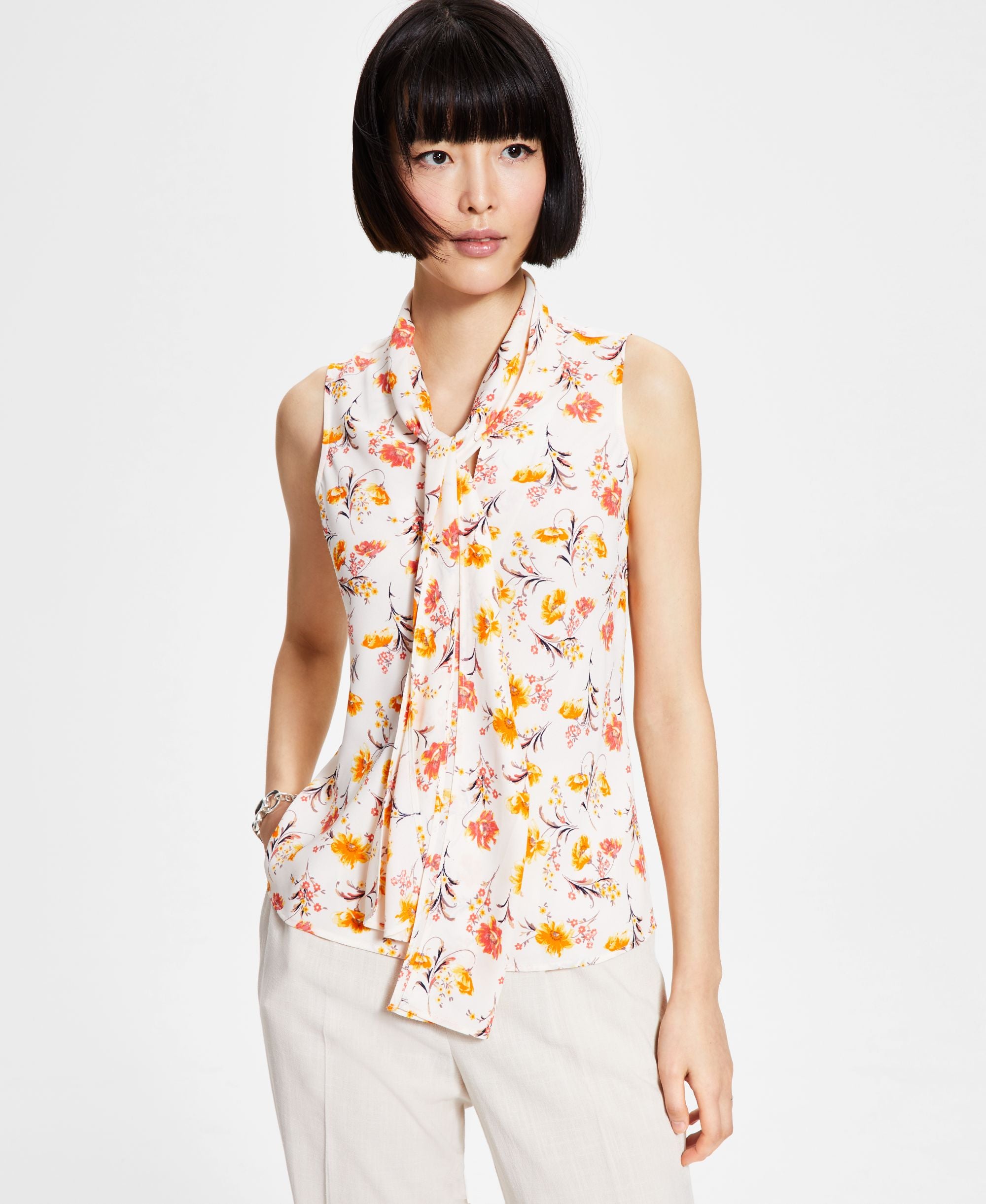 Bar III Womens Floral-Print Tie-Neck Top