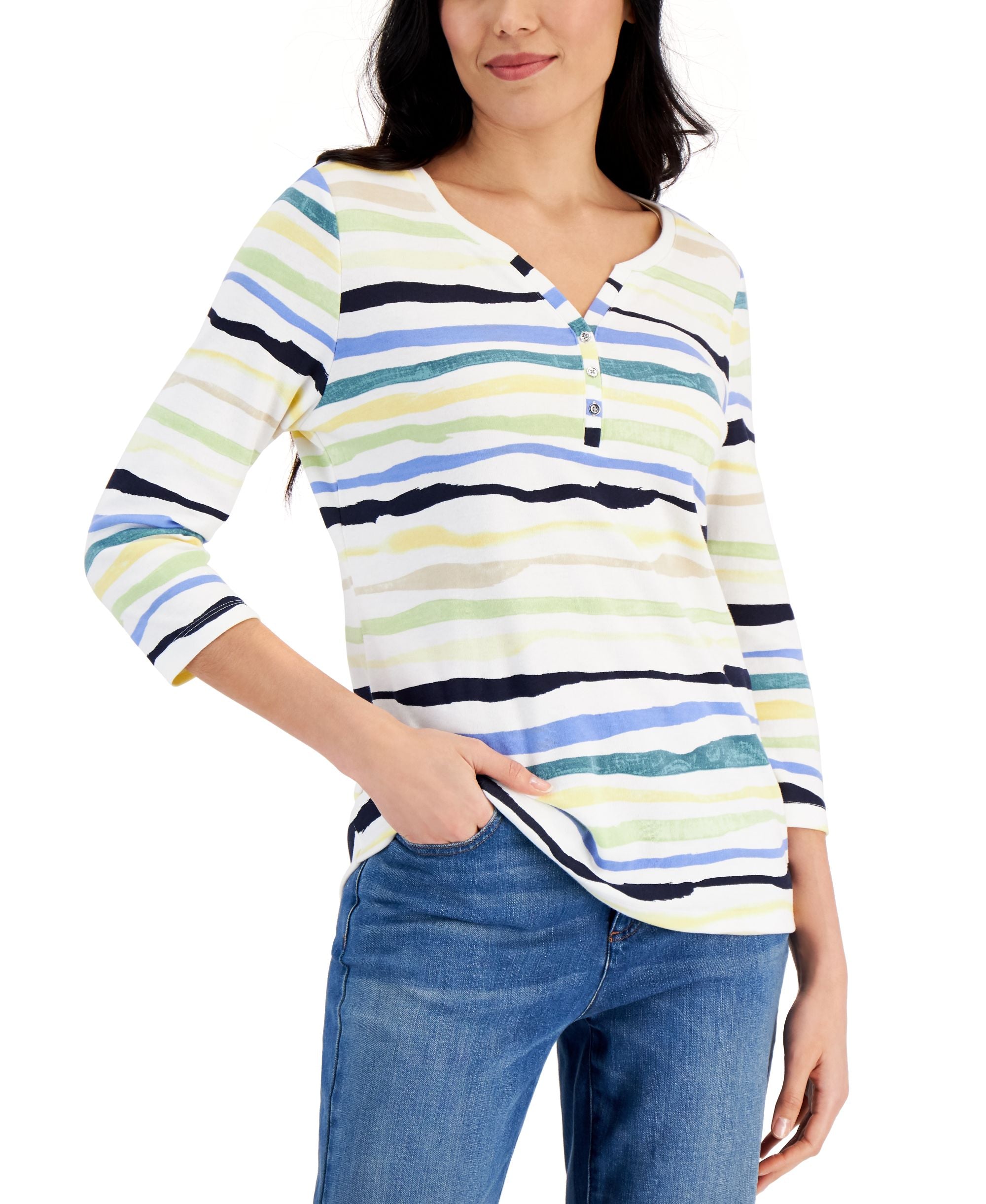 Karen Scott Petite 3/4 Sleeve Striped Henley Top