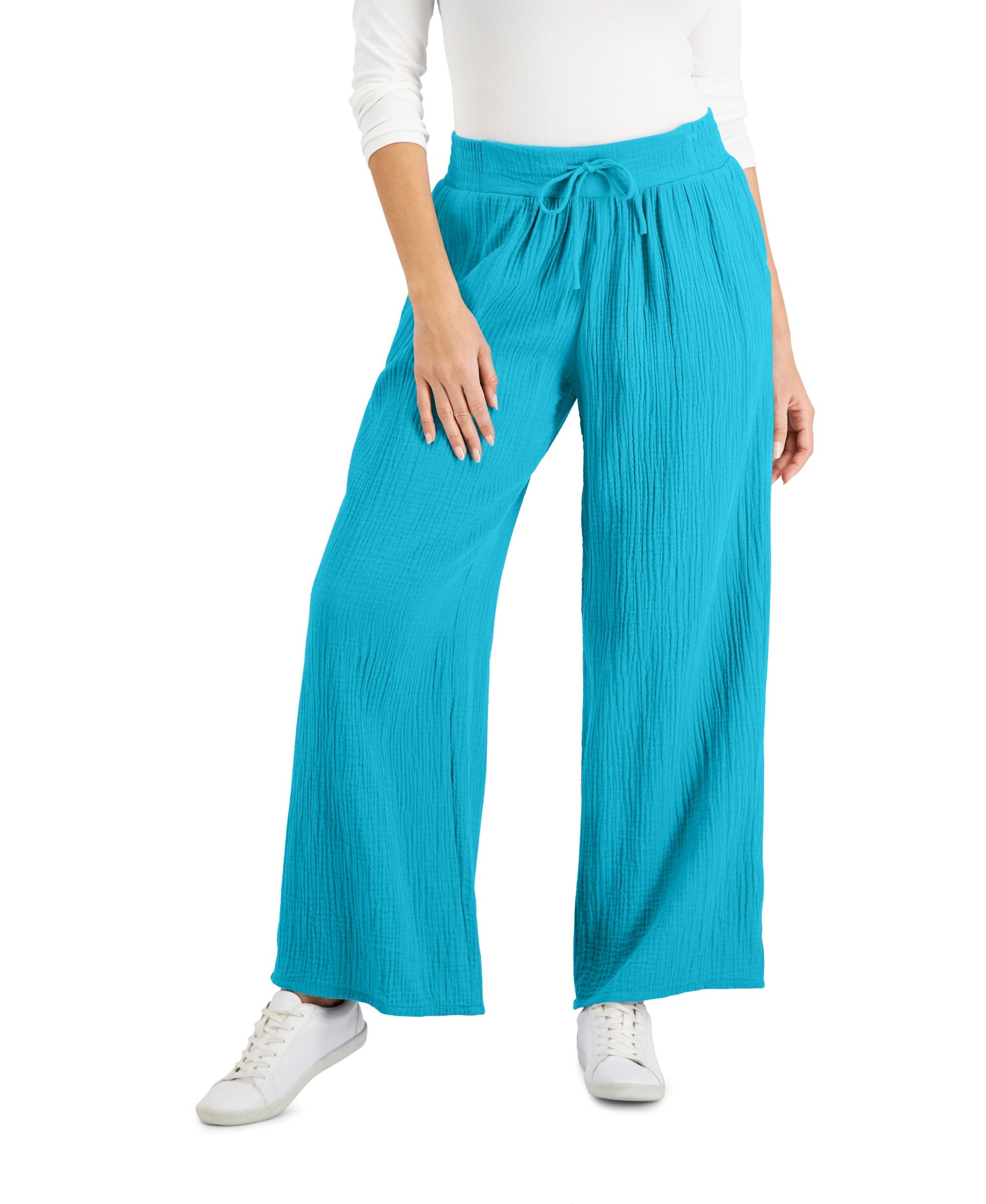 JM Collection Petite Cotton Gauze Wide Leg Pants