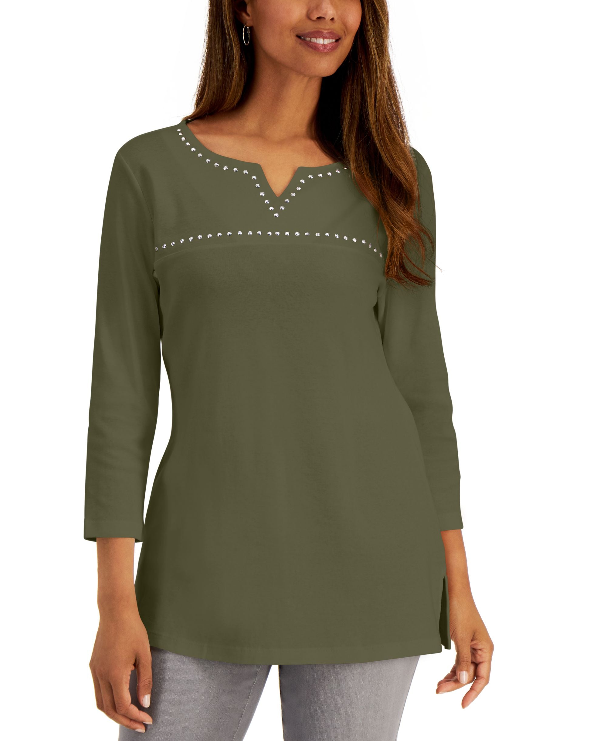 Cotton Studded Split-Neck Top