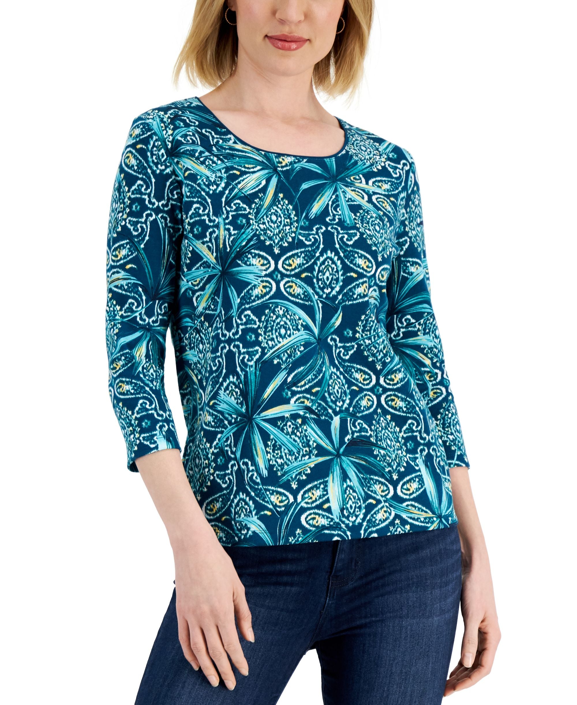 Karen Scott Petite Paisley 3/4 Sleeve Top