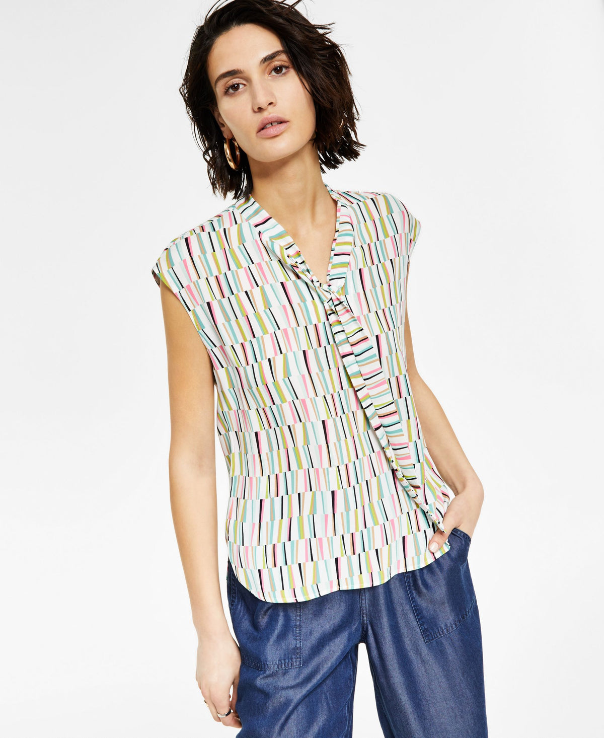 Bar III Womens Printed Tie-Neck Top