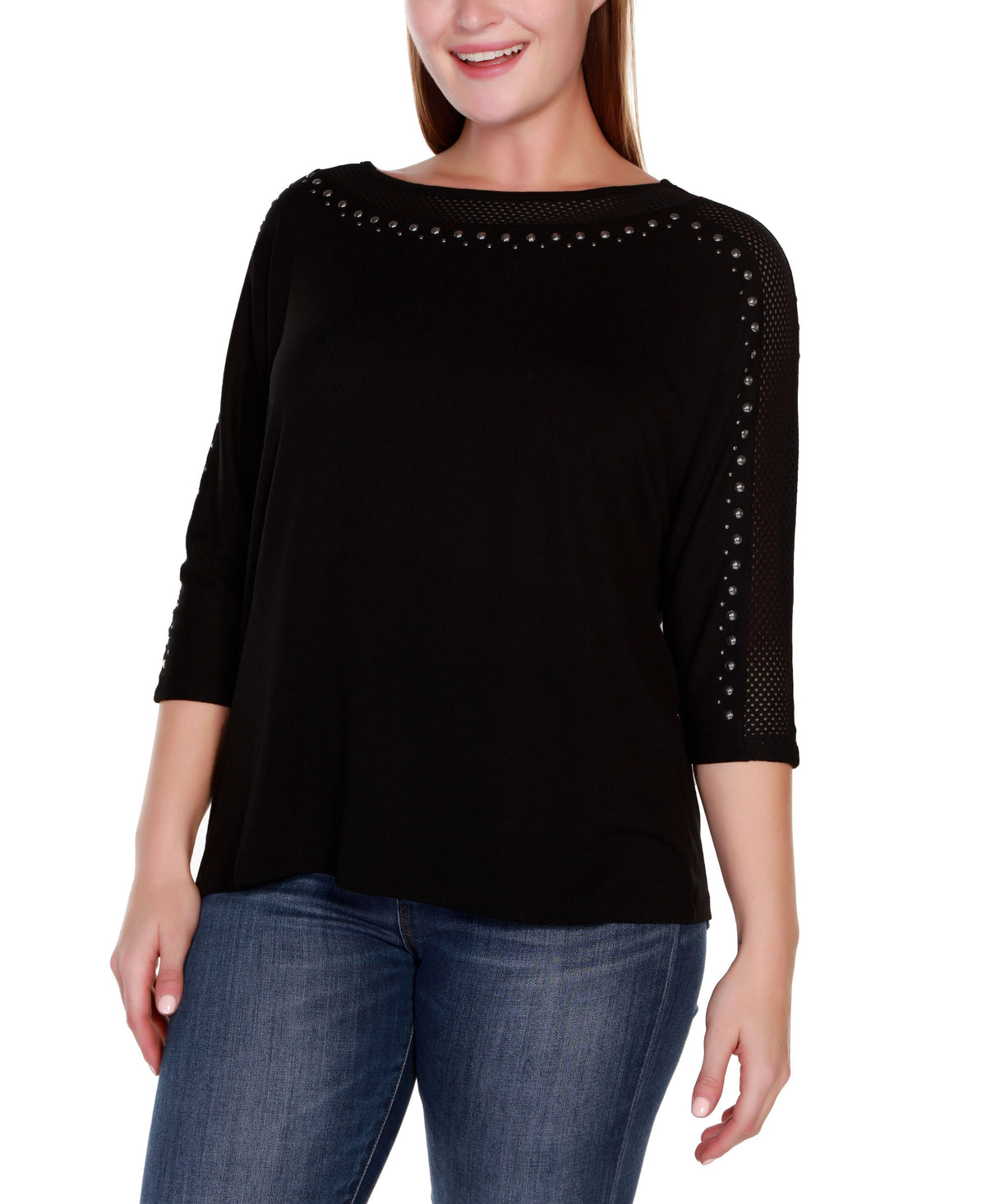 Plus Size Embellished Dolman with Mesh Inset Top