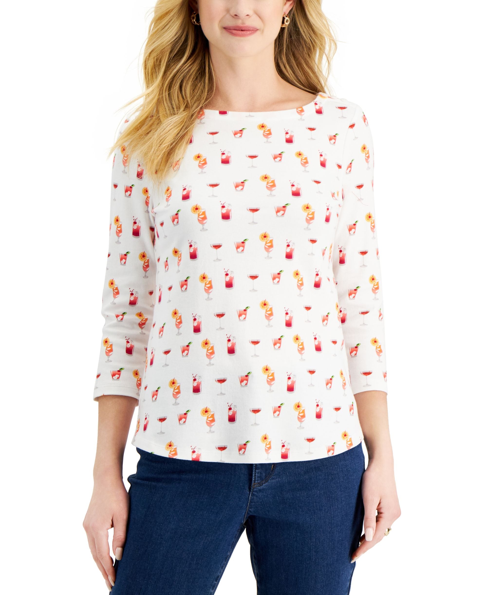 Charter Club Womens Printed 3/4 Sleeve Top