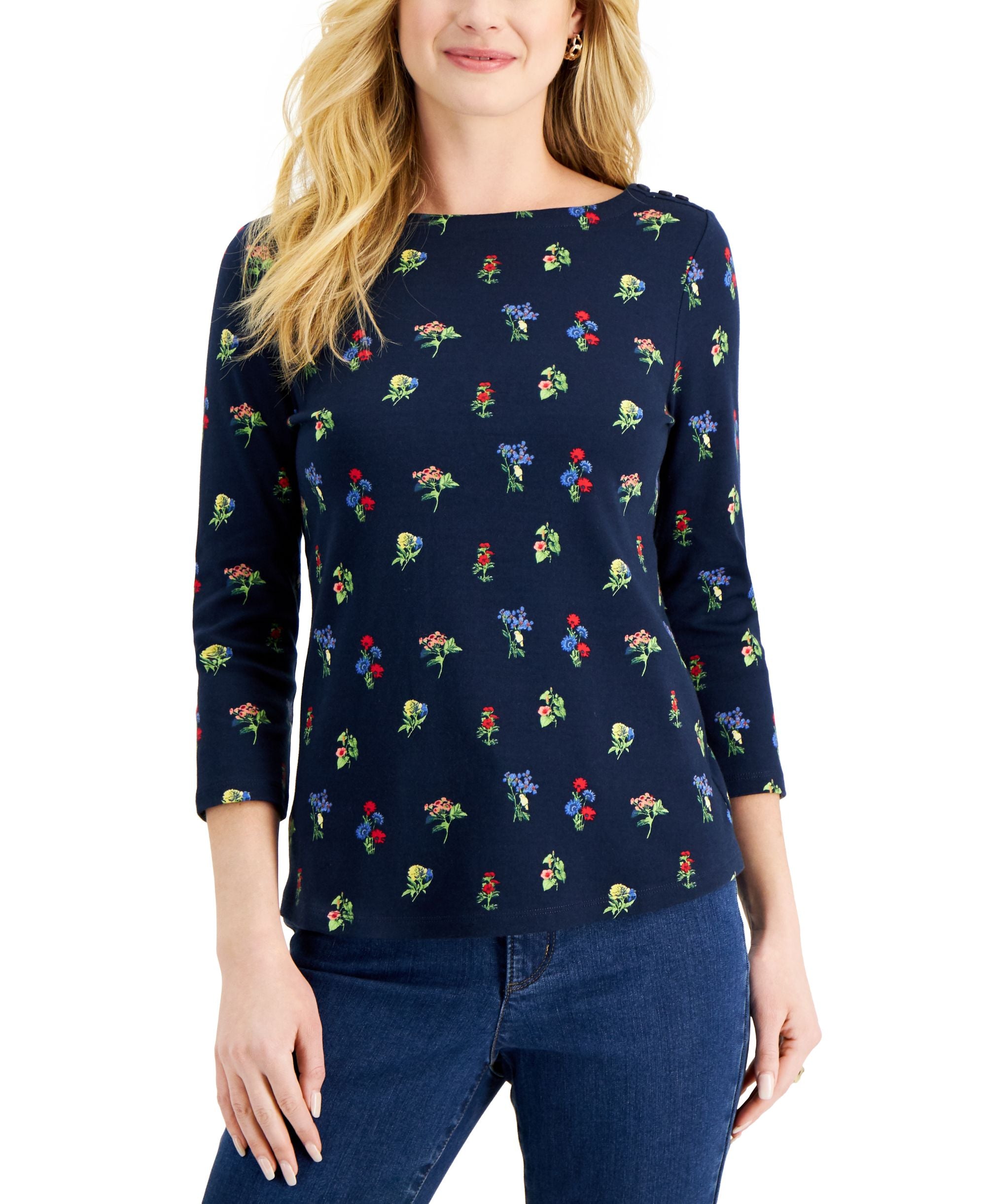 Charter Club Petite Printed 3/4 Sleeve Cotton Top