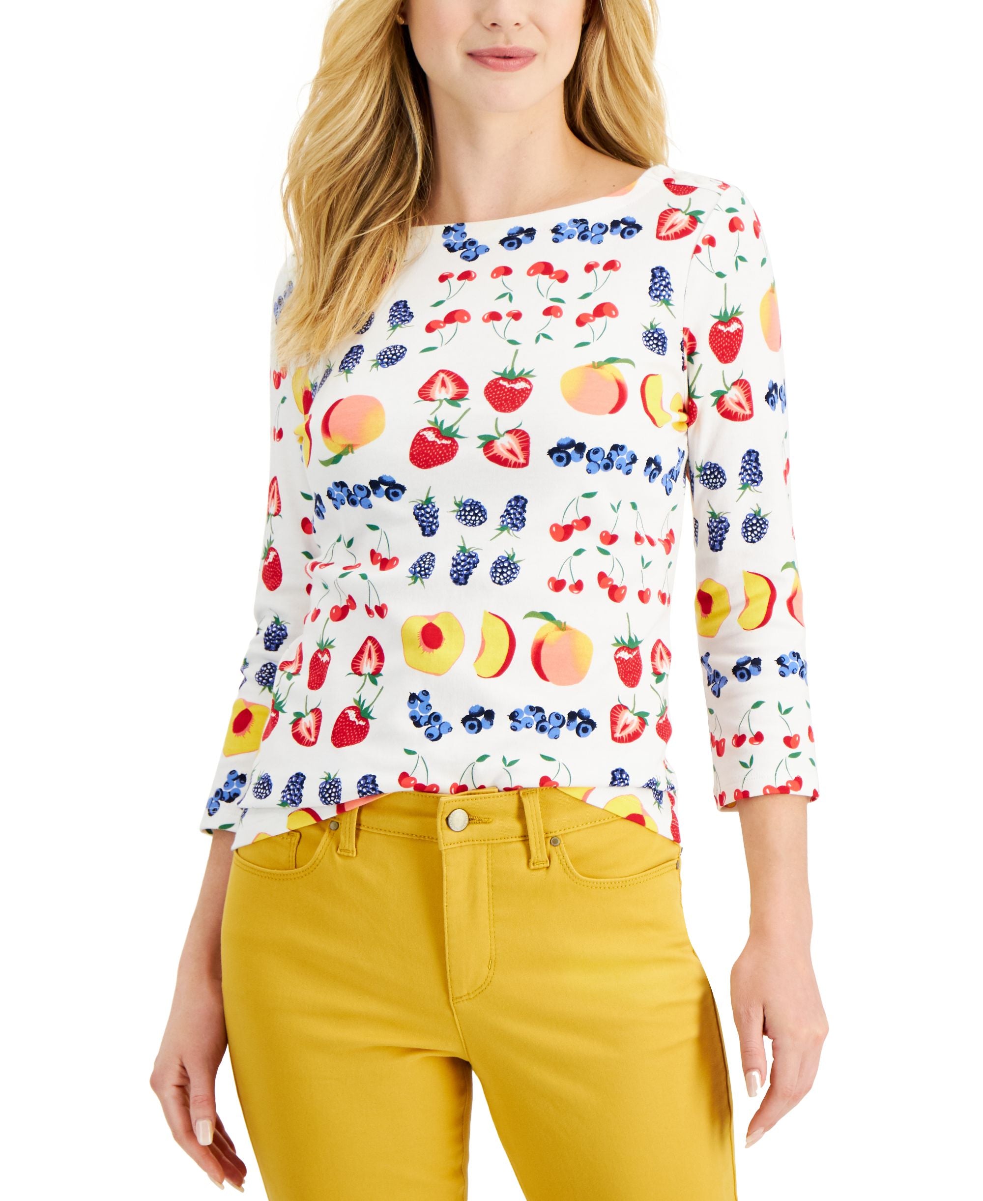 Charter Club Petite Printed 3/4 Sleeve Cotton Top