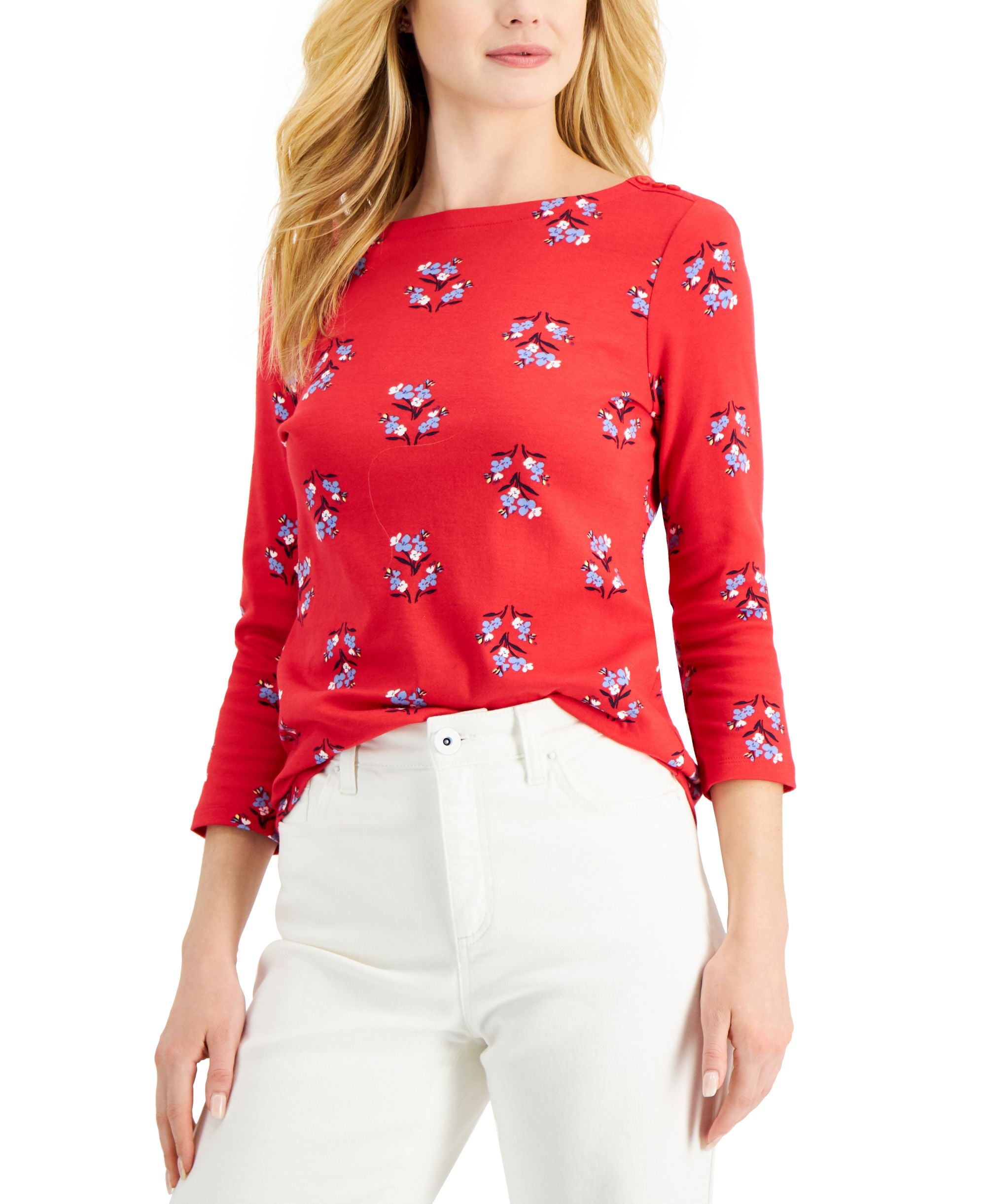 Charter Club Petite Floral Print 3/4 Sleeve Cotton Top