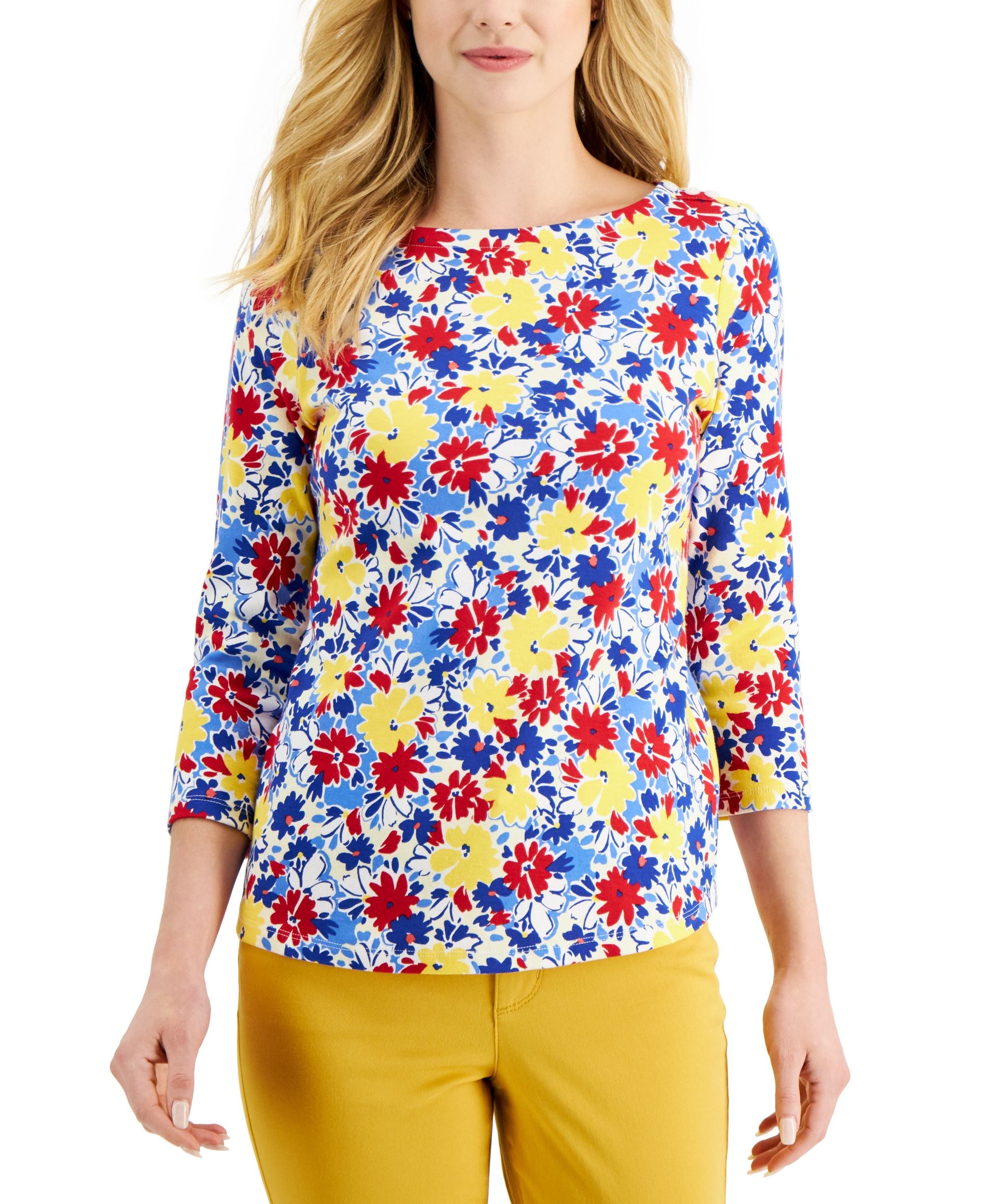 Charter Club Petite Floral Print 3/4 Sleeve Cotton Top