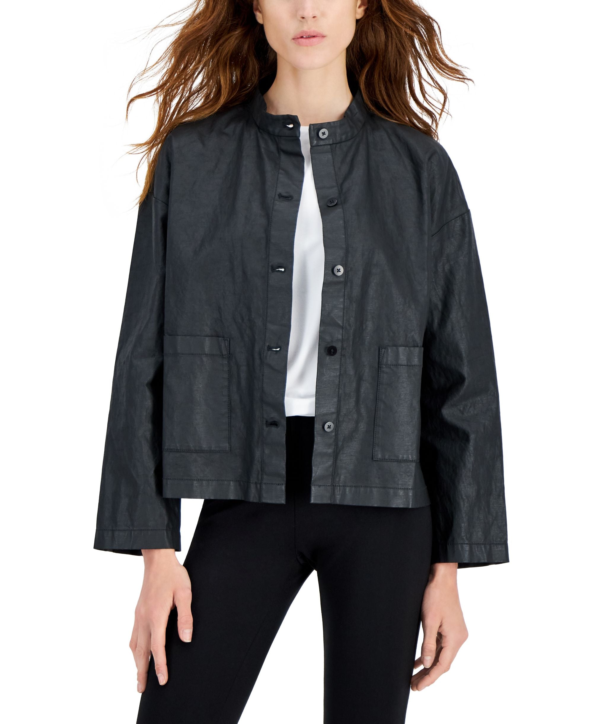 Eileen Fisher Womens Organic Cotton Linen Stand Collar Jacket