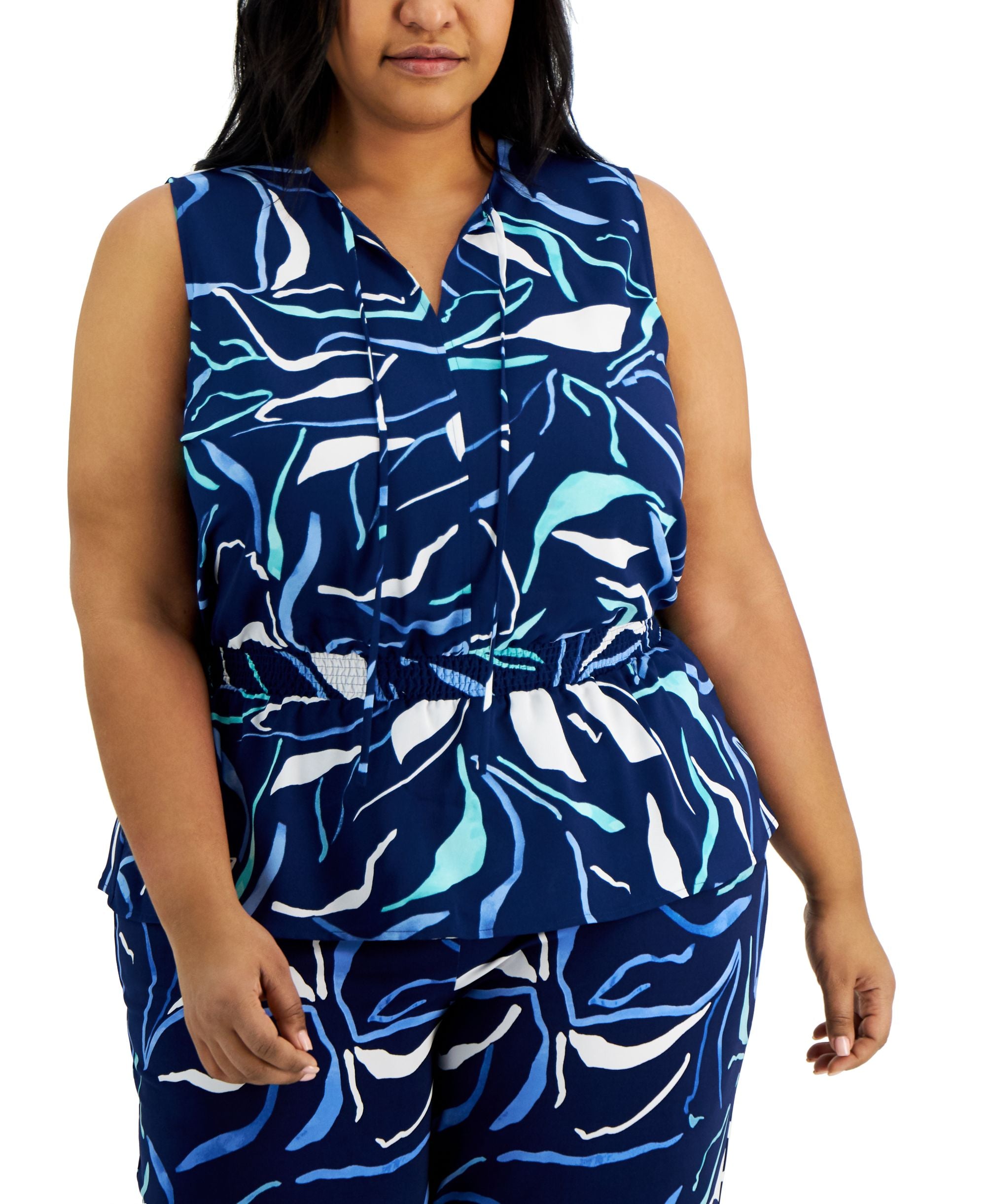 Alfani Plus Size Printed Smocked Peplum Tank