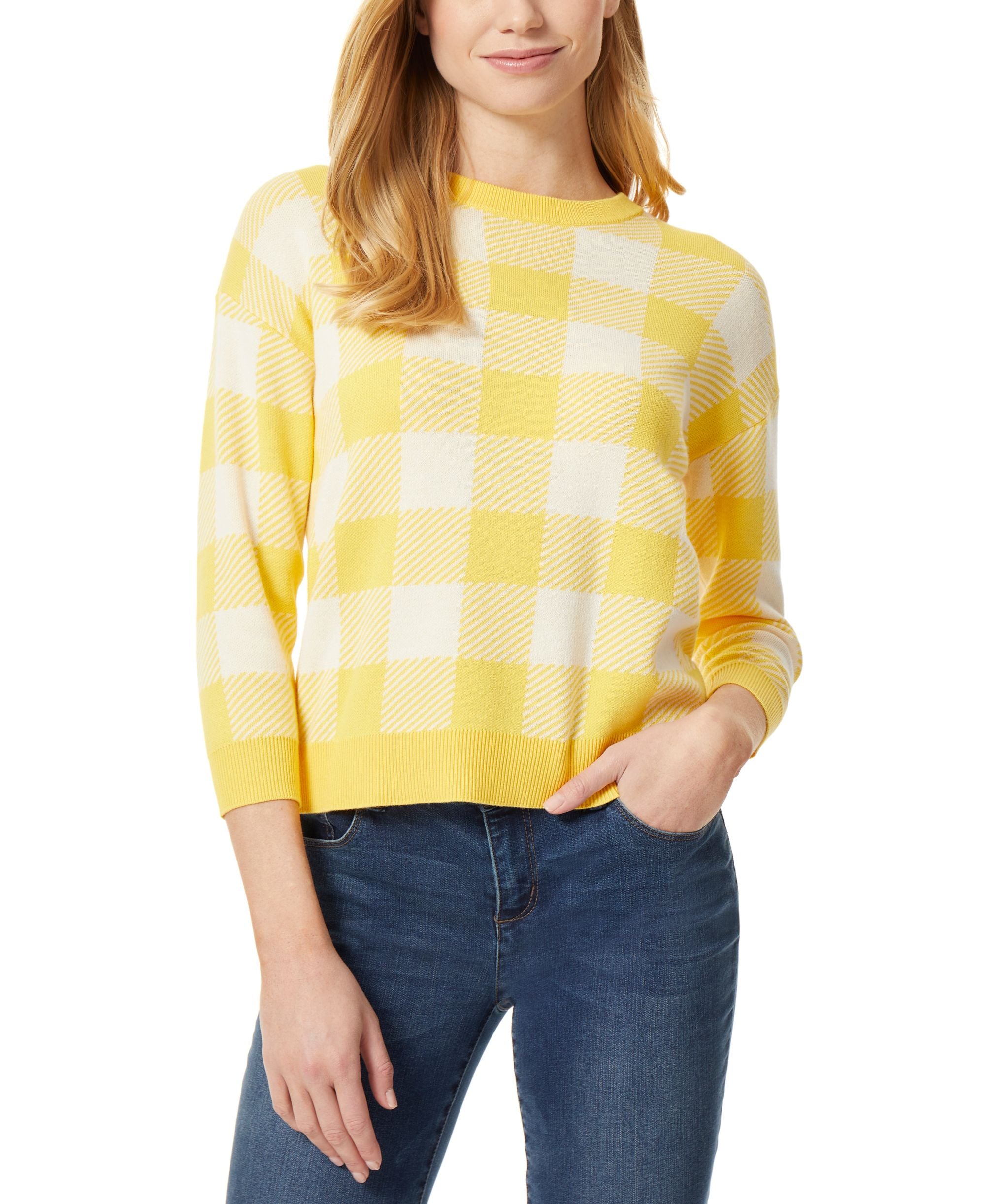 Womens Gingham Jacquard Sweater With Three Quarter Sleeves