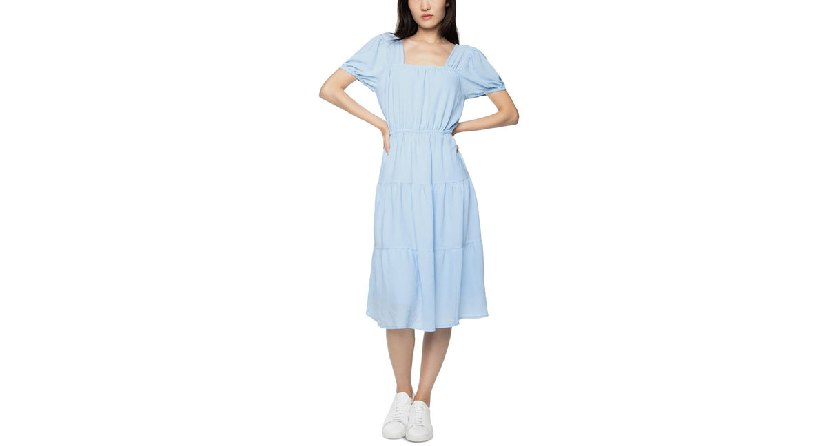 Black Tape Puff Sleeve Tiered Midi Dress