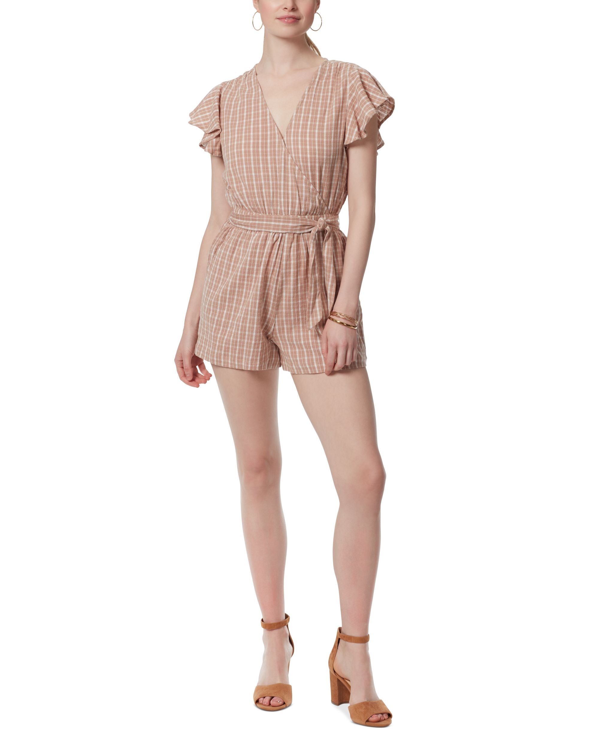 Jessica Simpson Womens Ilona Printed Flutter Sleeve Tie Waist Romper