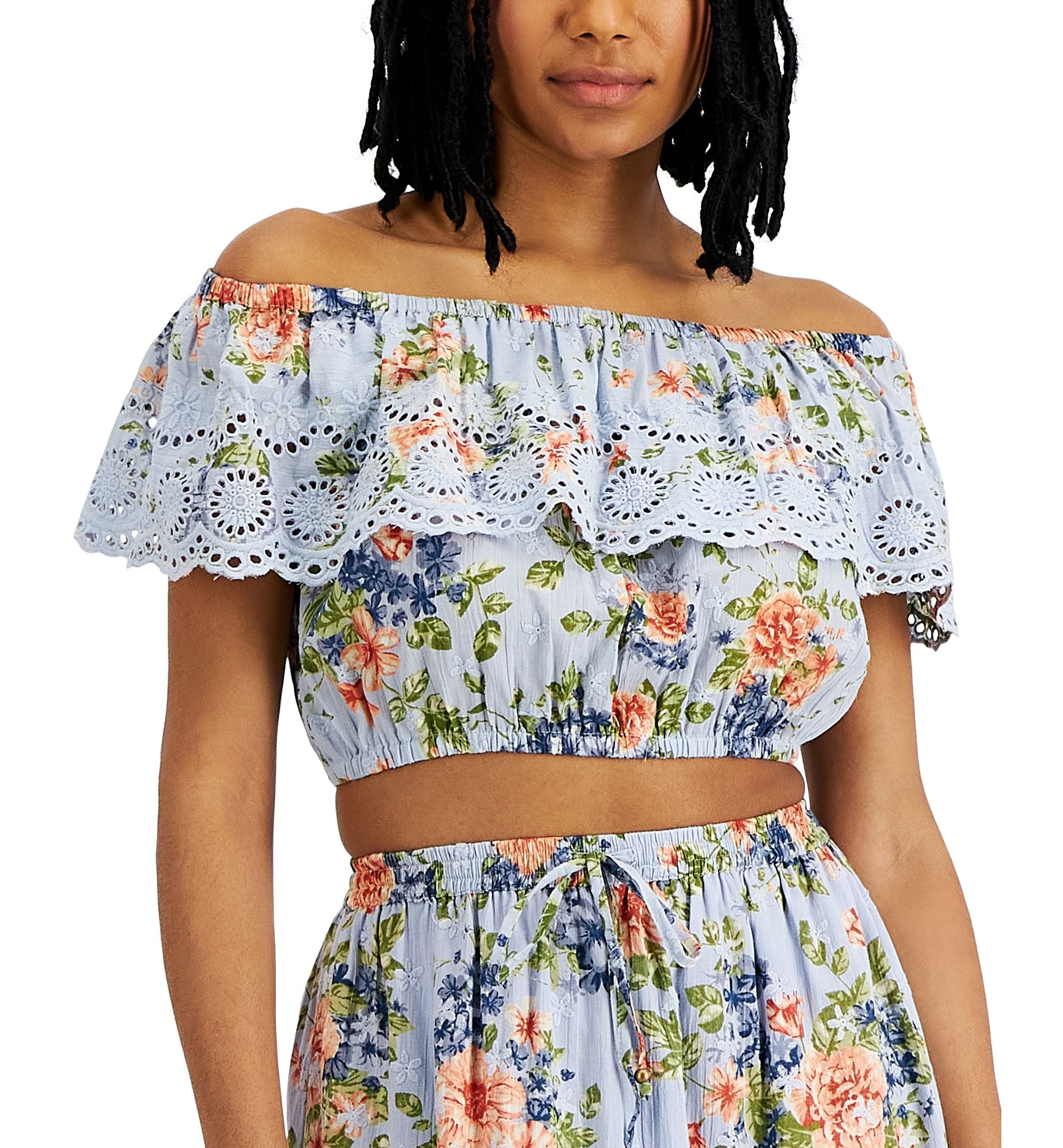 Angie Juniors' Printed Ruffled Cotton Crop Top