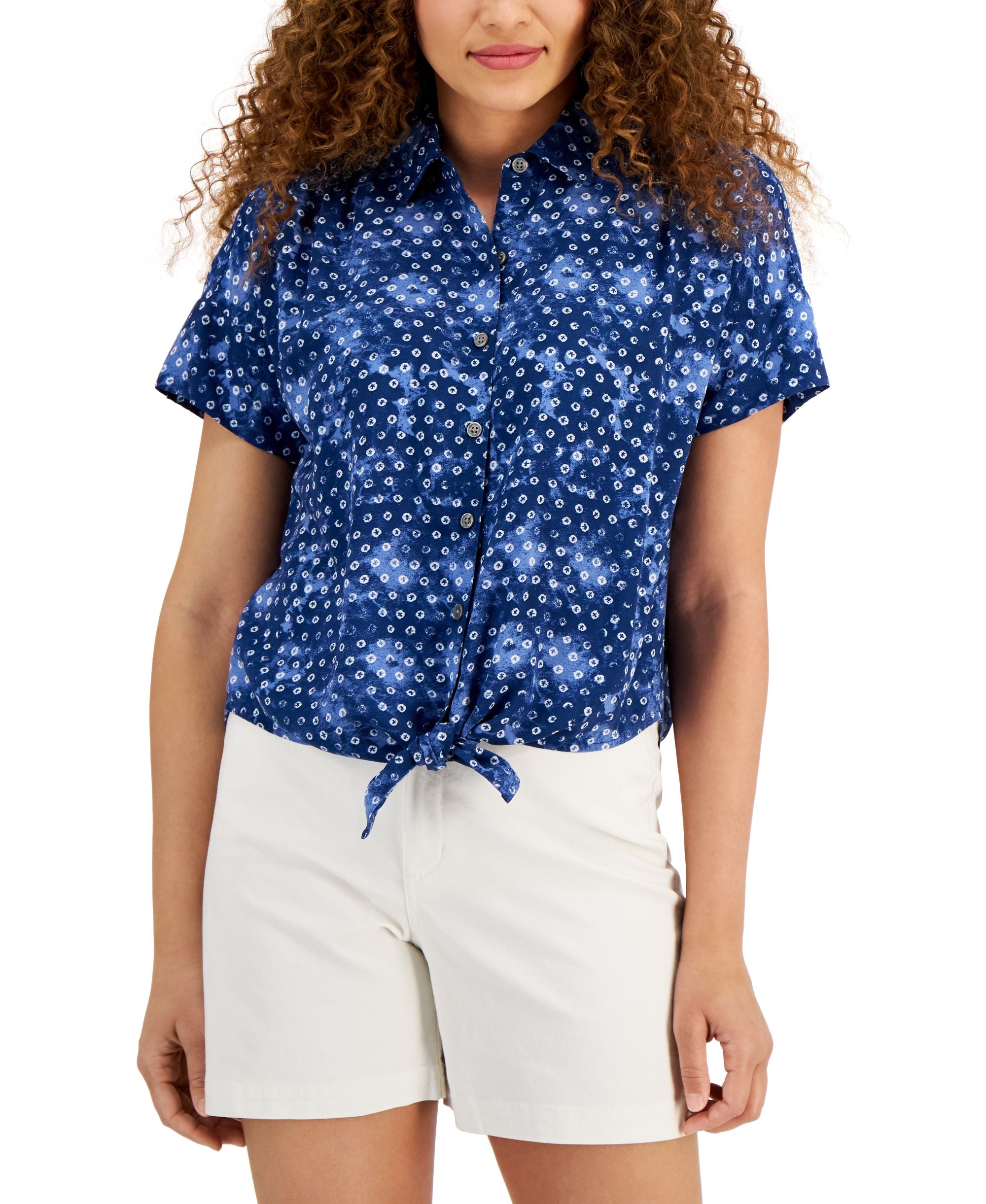 Women's Dot-Print Tie-Front Shirt