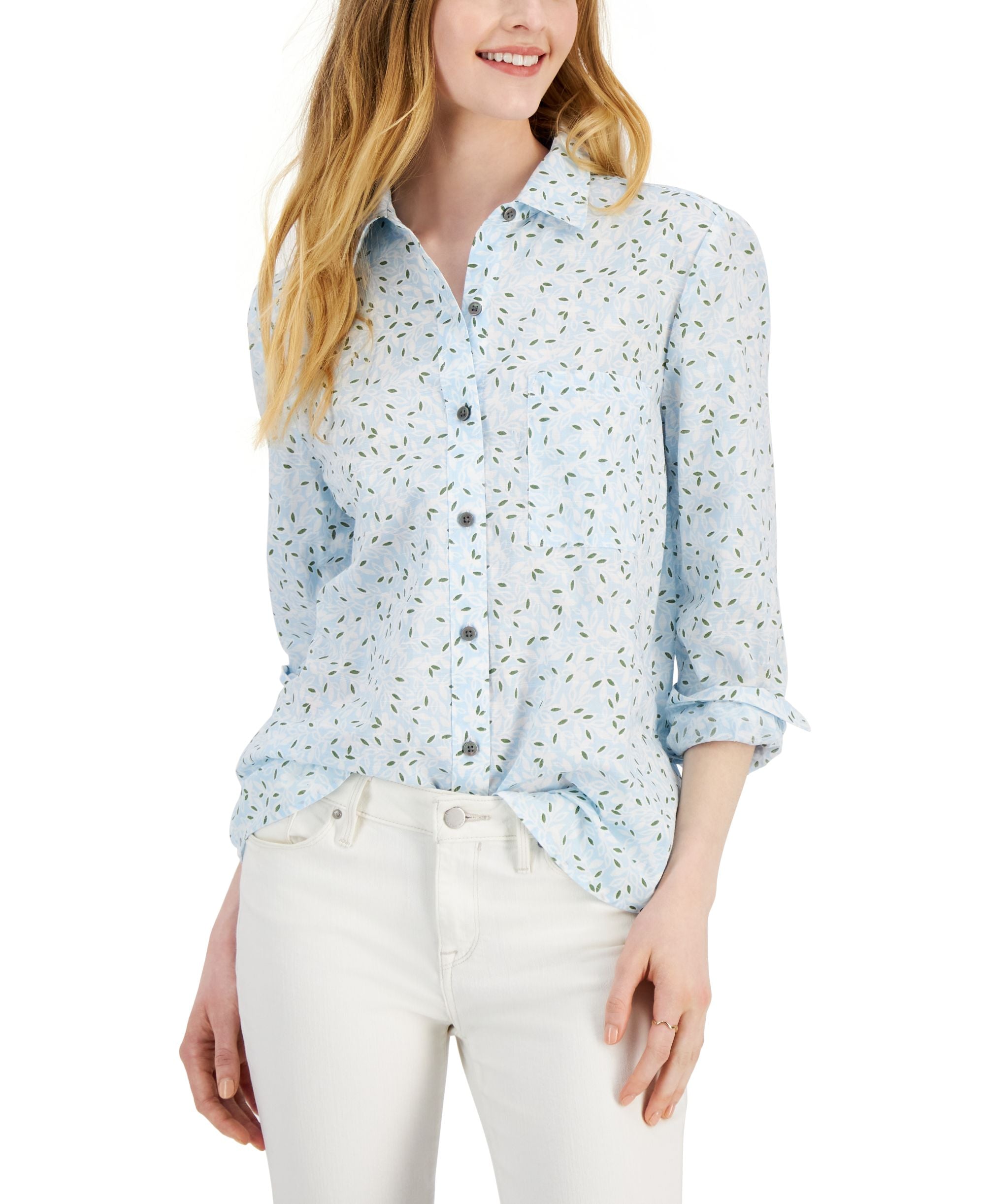 Style & Co Womens Cotton Printed Button Front Shirt