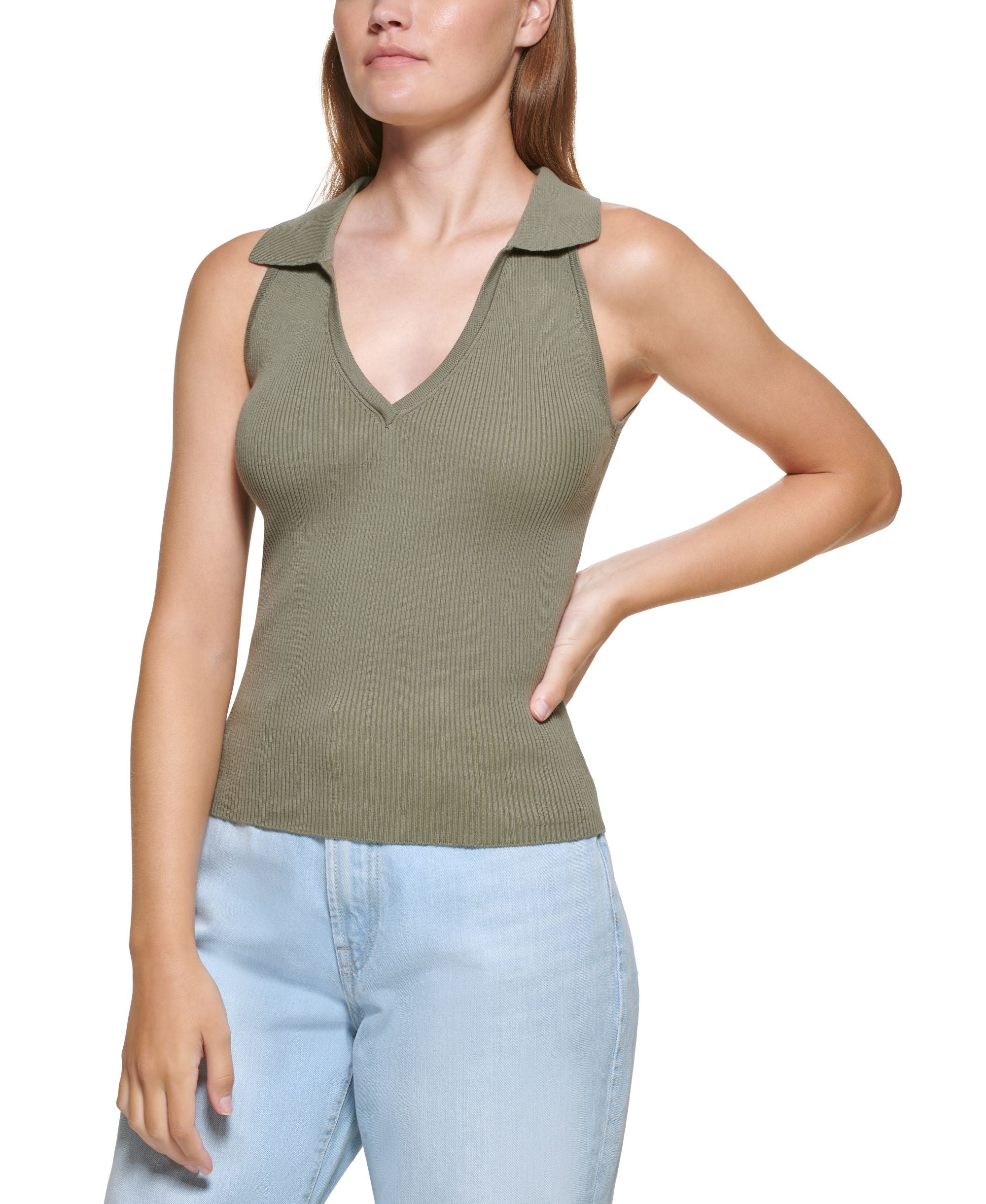 DKNY Jeans Womens V-Neck Polo Tank Top Sweater