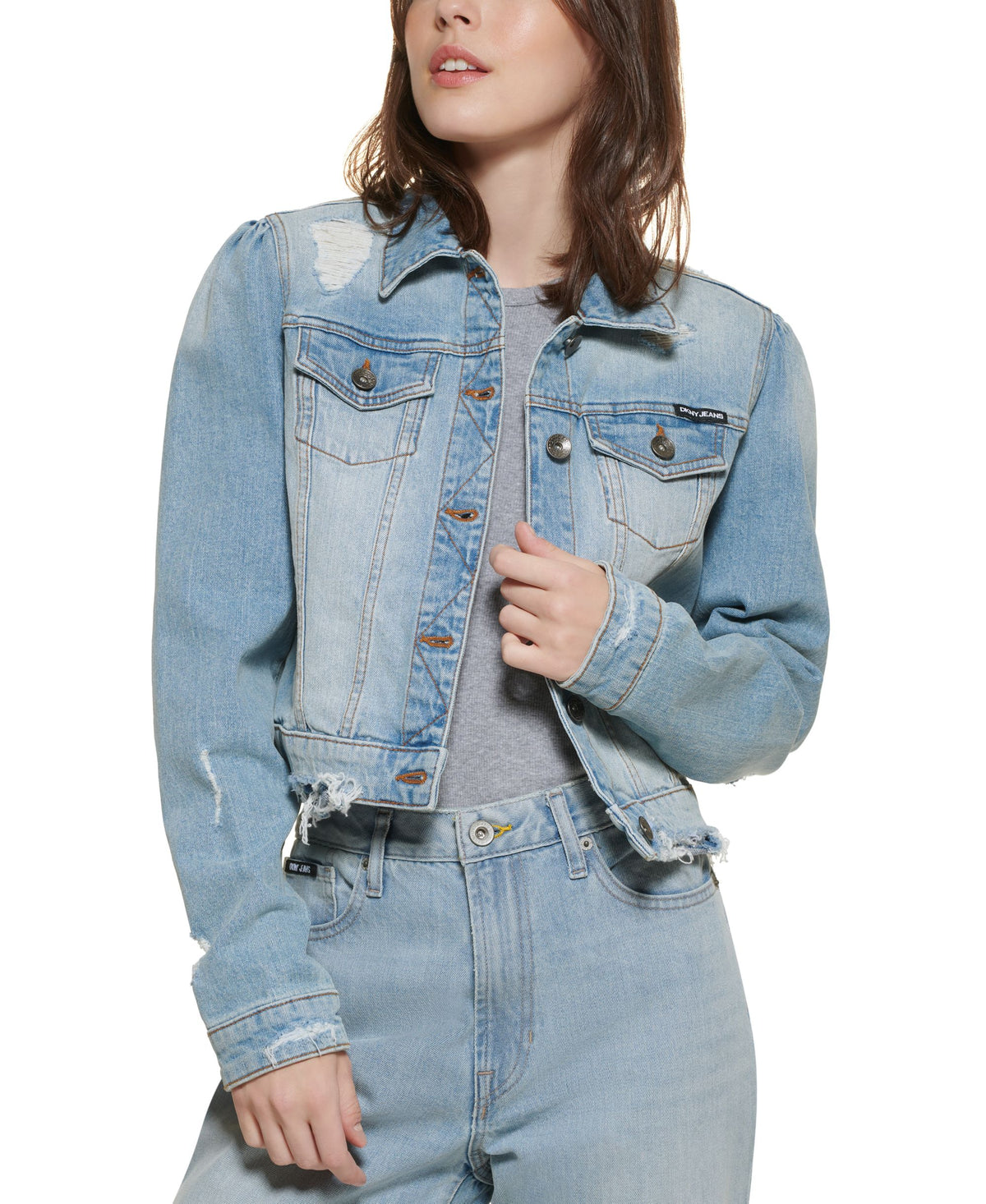 DKNY Jeans Puff Sleeve Distressed Denim Jacket