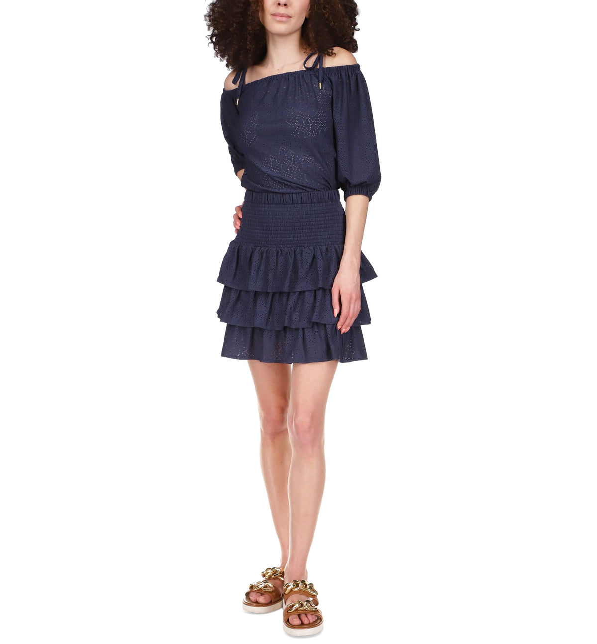 MICHAEL KORS Womens Eyelet Smocked Tiered Lined Ruffled Pull On Above The Knee A-Line Skirt