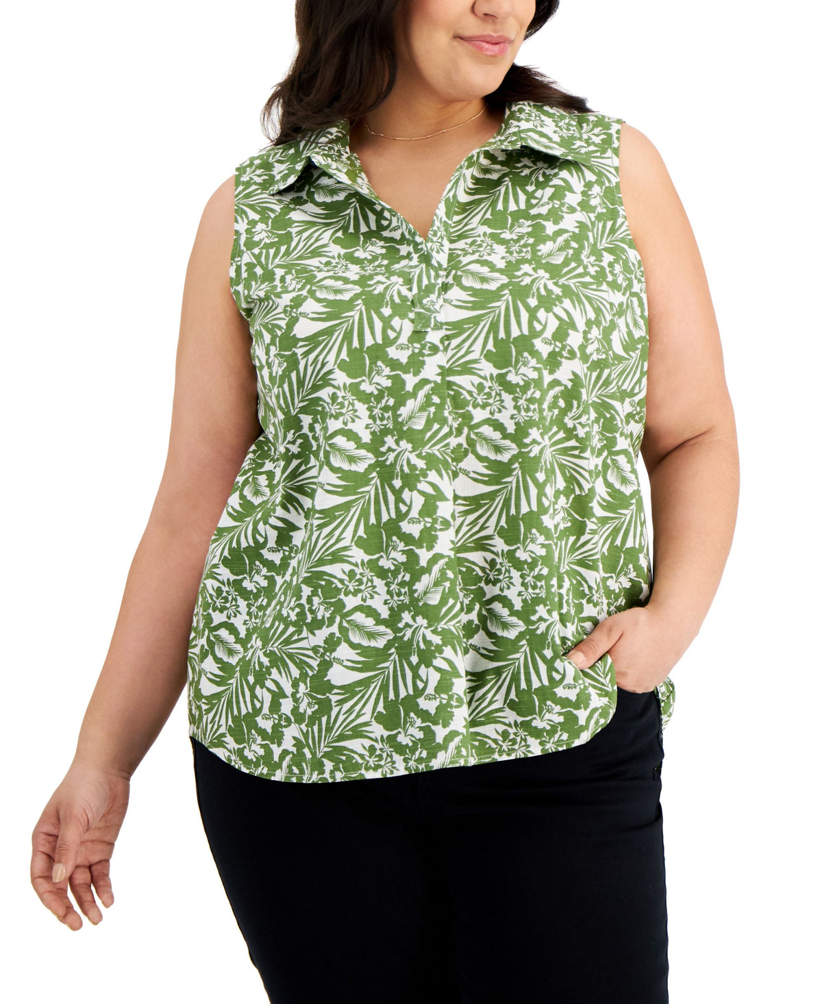 Style & Co Plus Size Barbados Blooms Printed Sleeveless Cotton Top