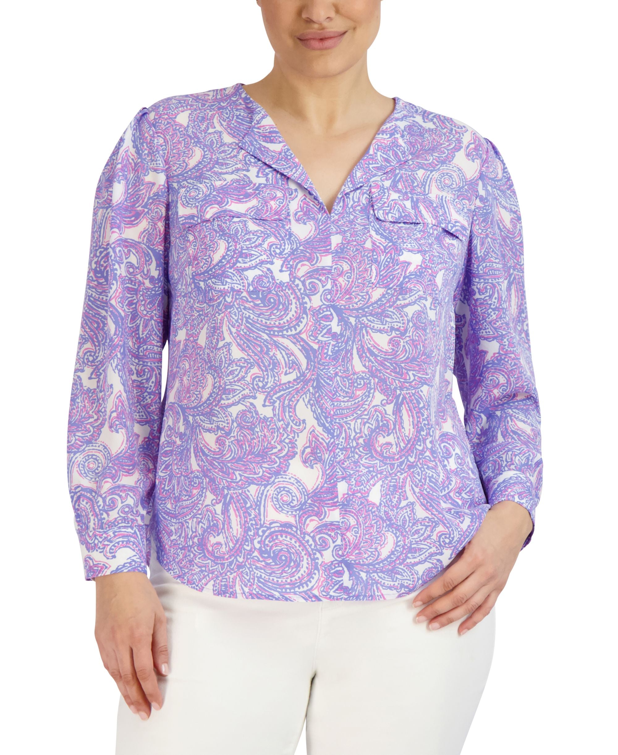 Jones New York Plus Size Paisley Print Simplified Utility Blouse