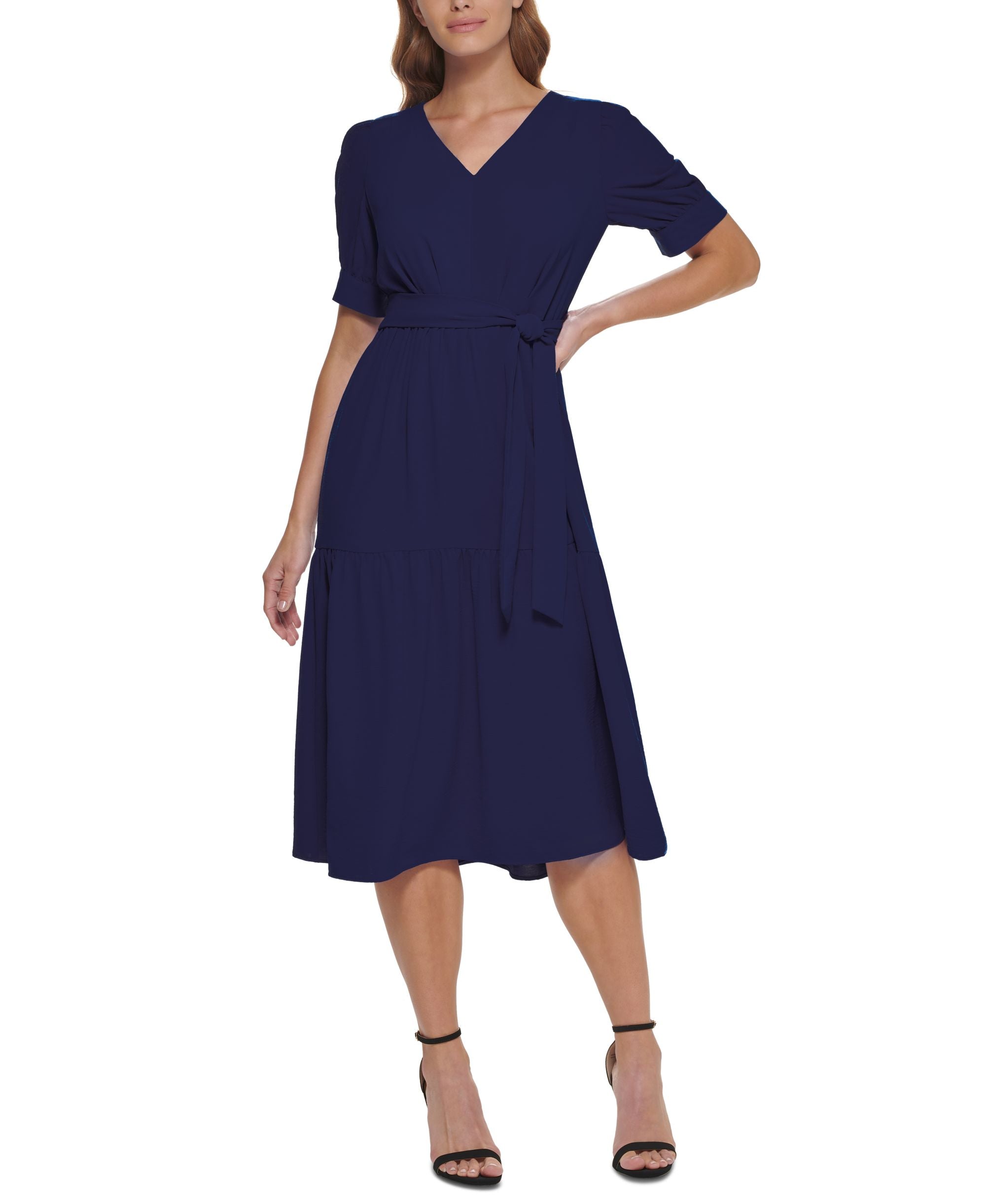 Short Sleeve Belted Midi Dress