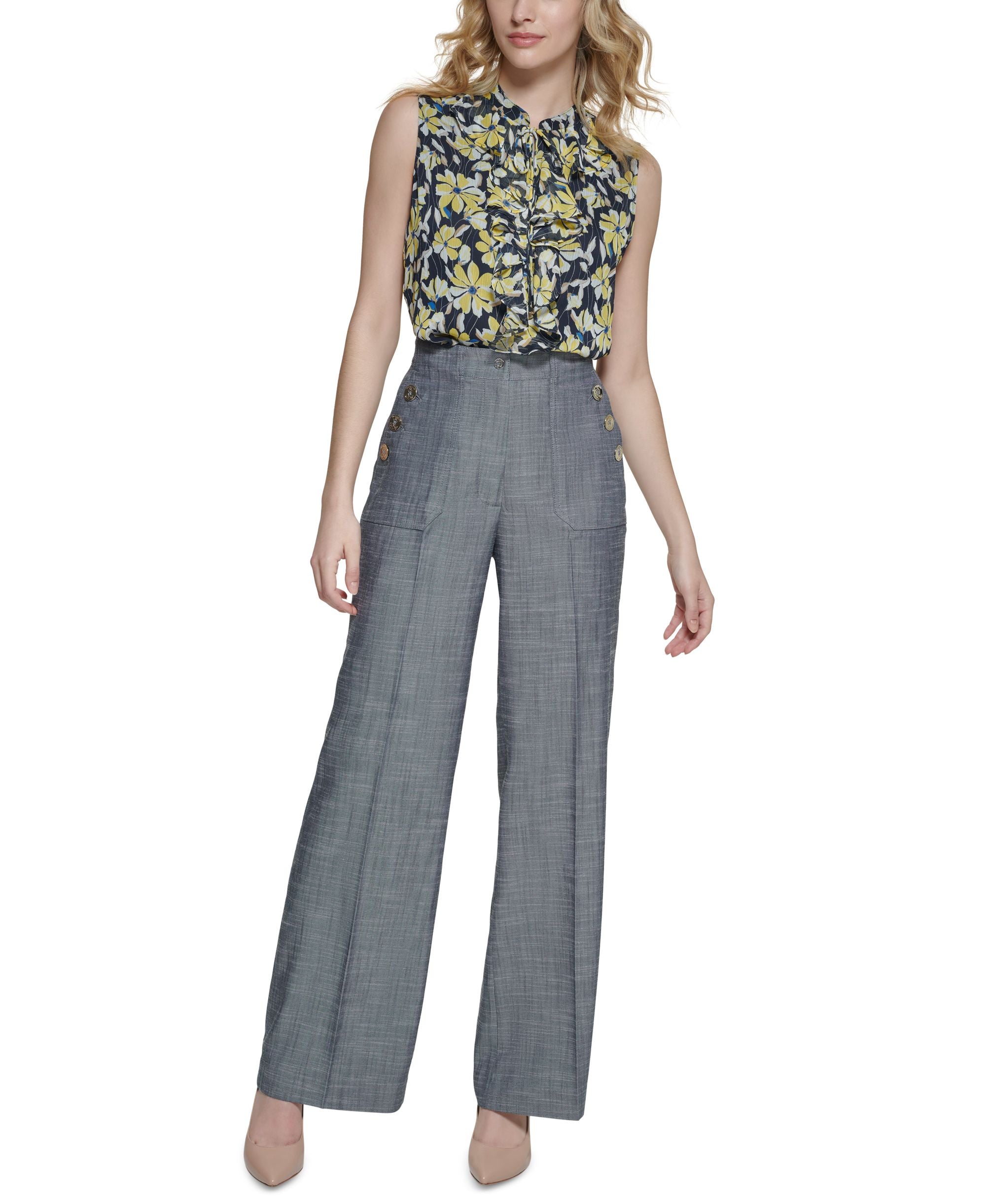Button-Embellished Wide-Leg Pants