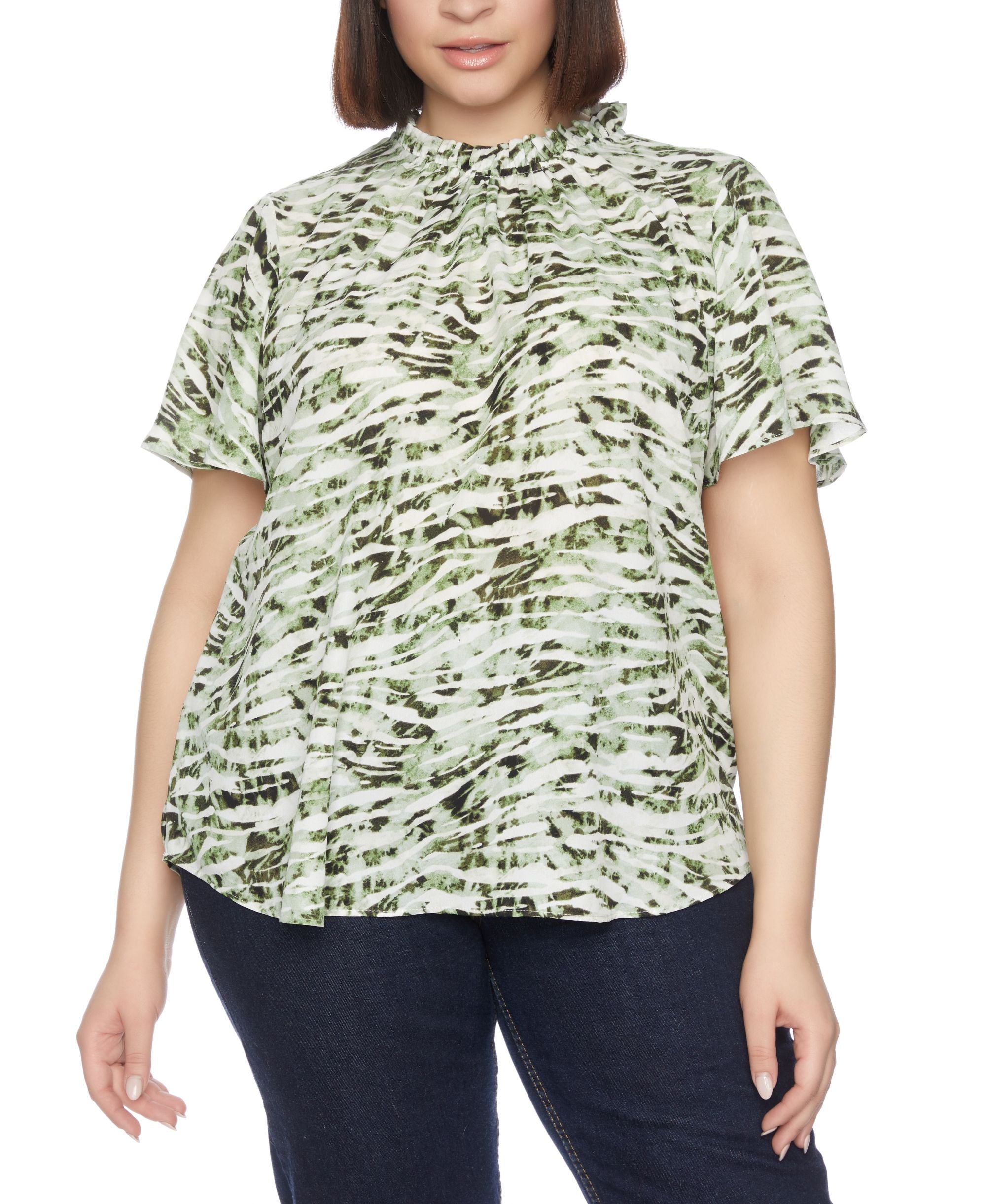 Plus Size Short Sleeve With Ruffle Neck Blouse Top
