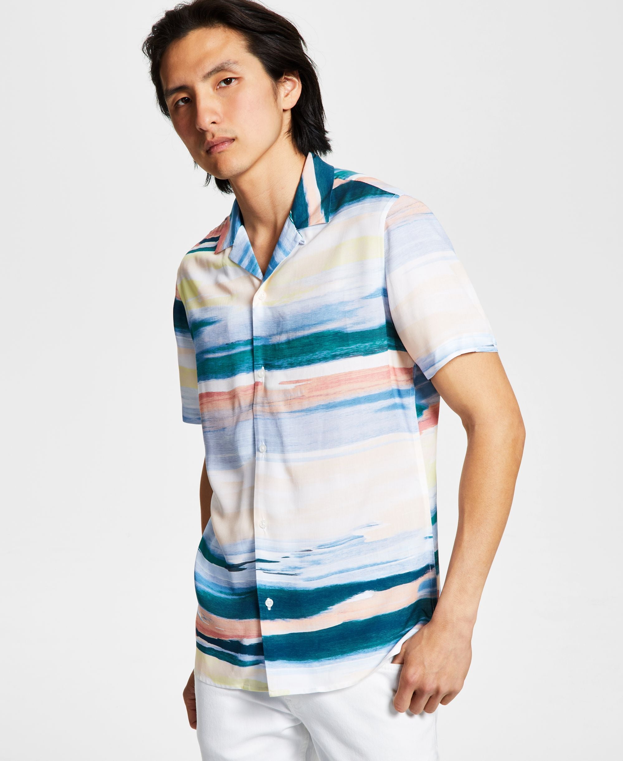 INC International Concepts Mens Coastal Watercolor Camp Shirt