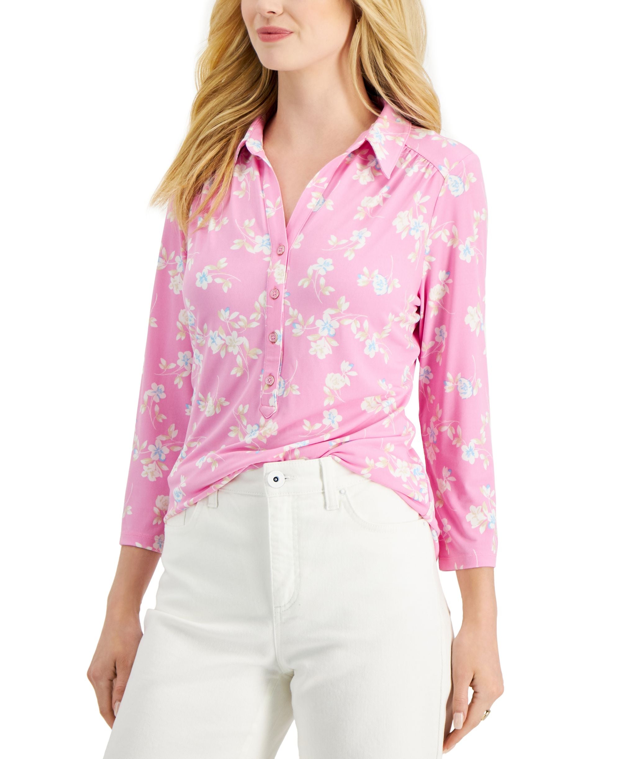 Charter Club Floral Print 3/4 Sleeve Knit Top