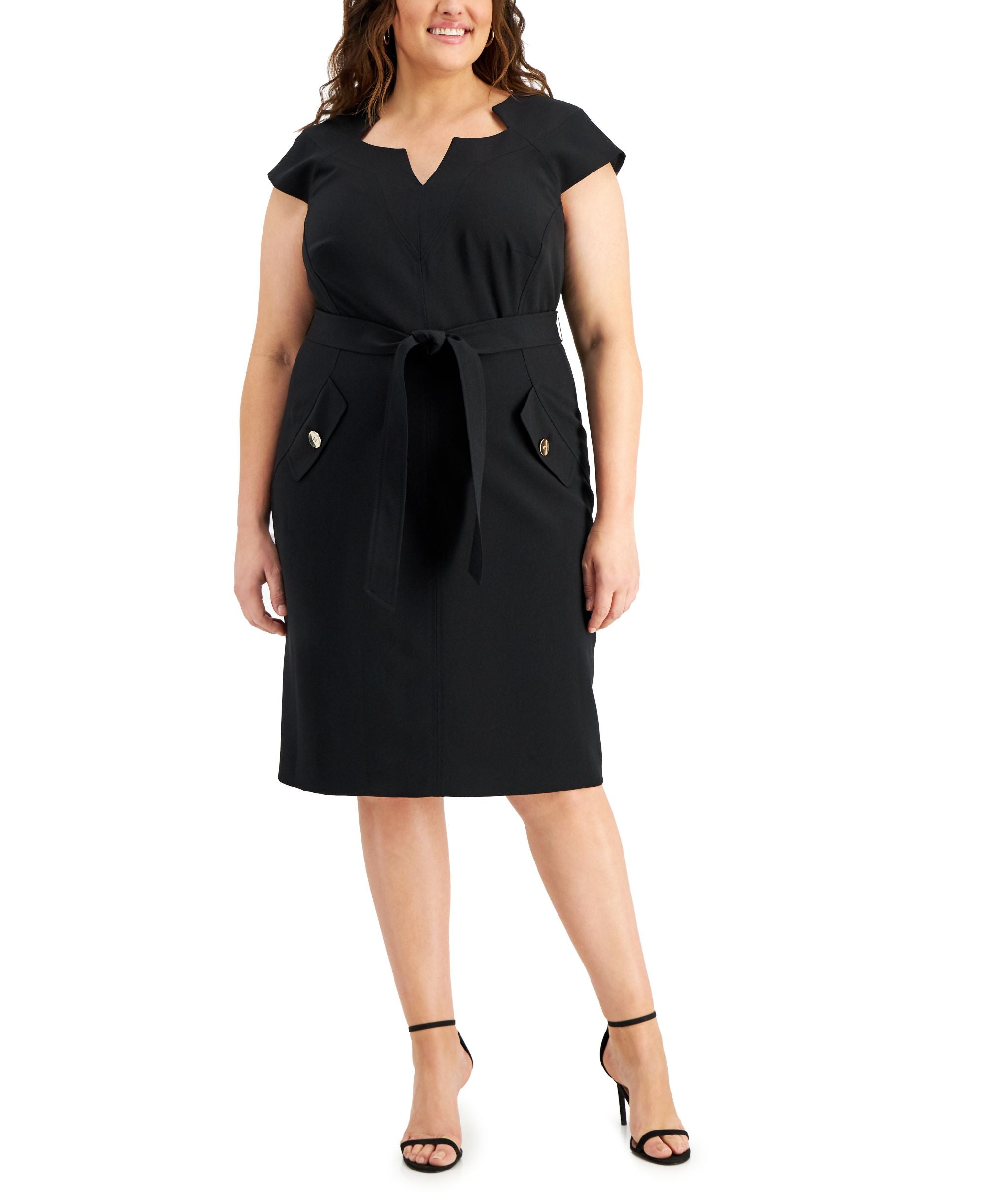 Kasper Plus Size V Neck Belted Cap Sleeve Dress
