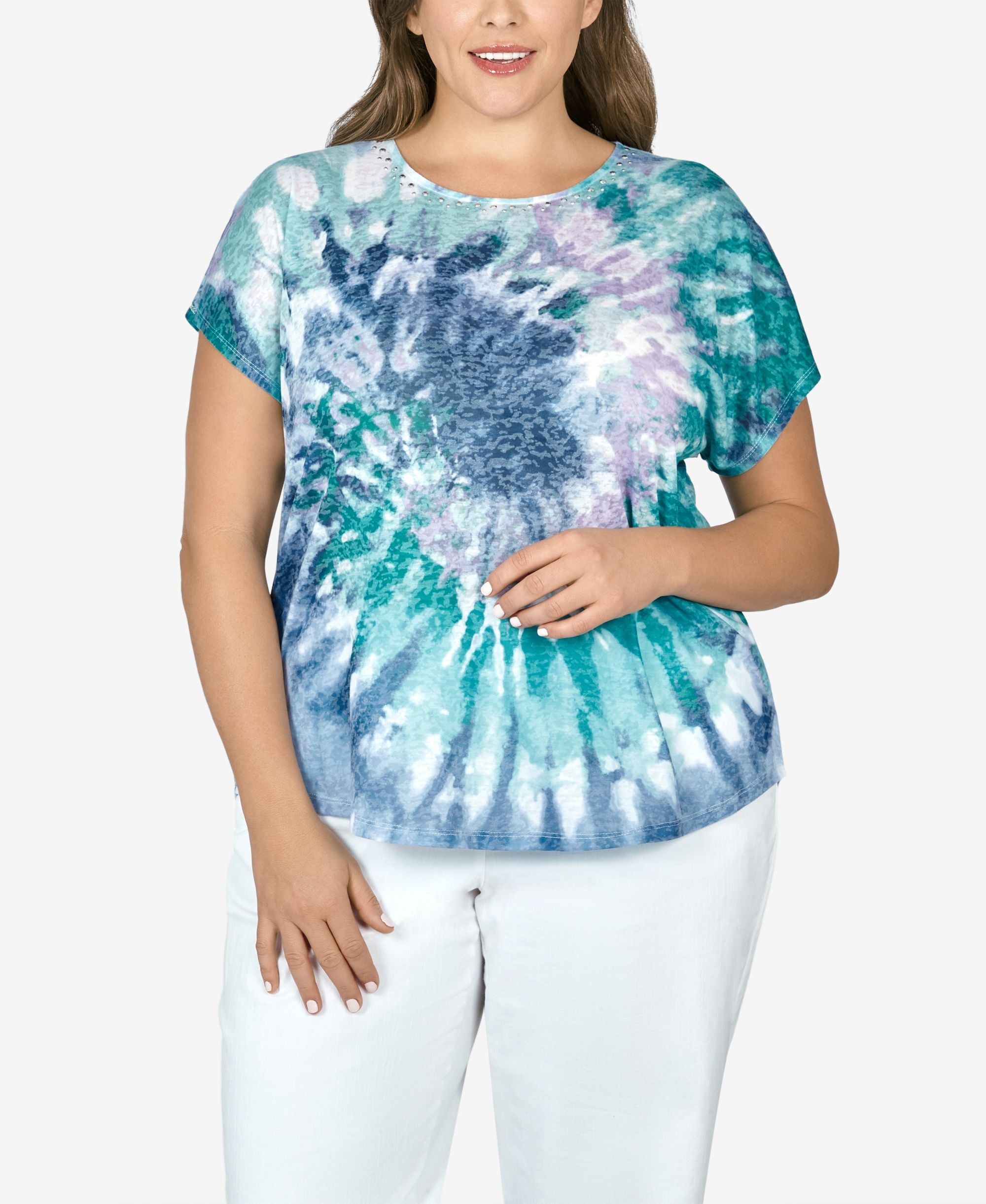 Ruby Rd. Plus Size Embellished Tie Dye Swirl Burnout Top